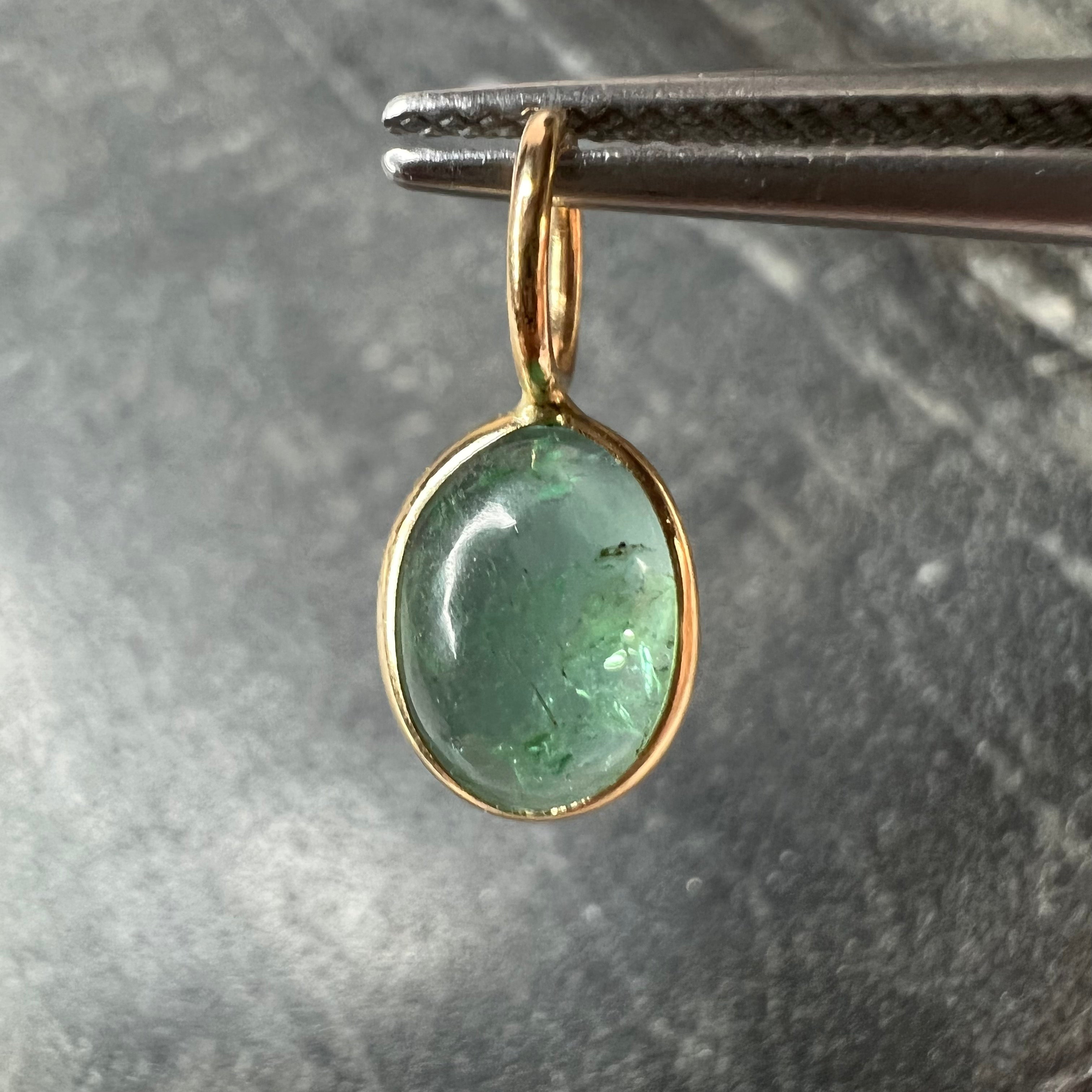 1.1CT Colombian Oval Cabochon Emerald 14K Yellow Gold Pendant Charm 14x6.5mm
