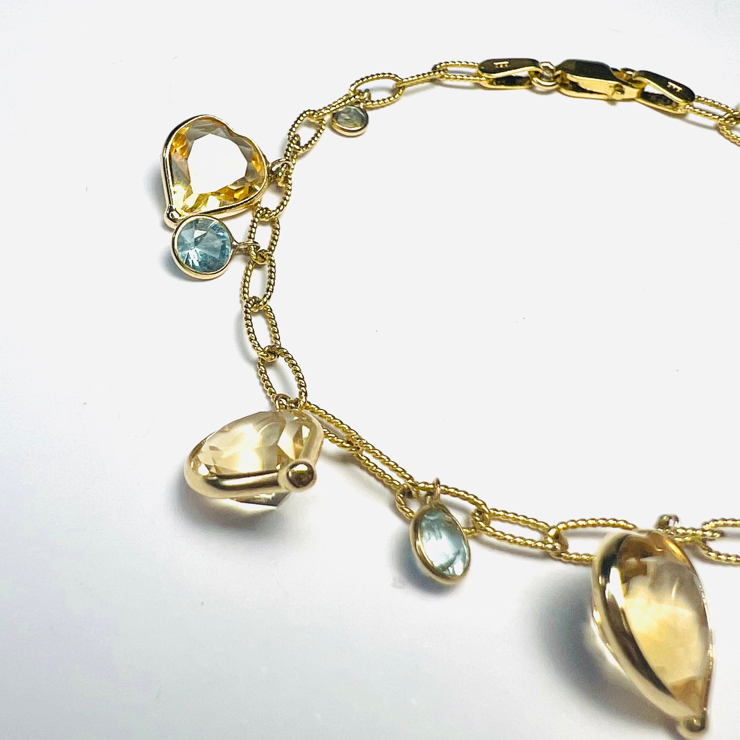14K Yellow Gold Heart Citrine & Aquamarine Textured Link Bracelet 6.5"
