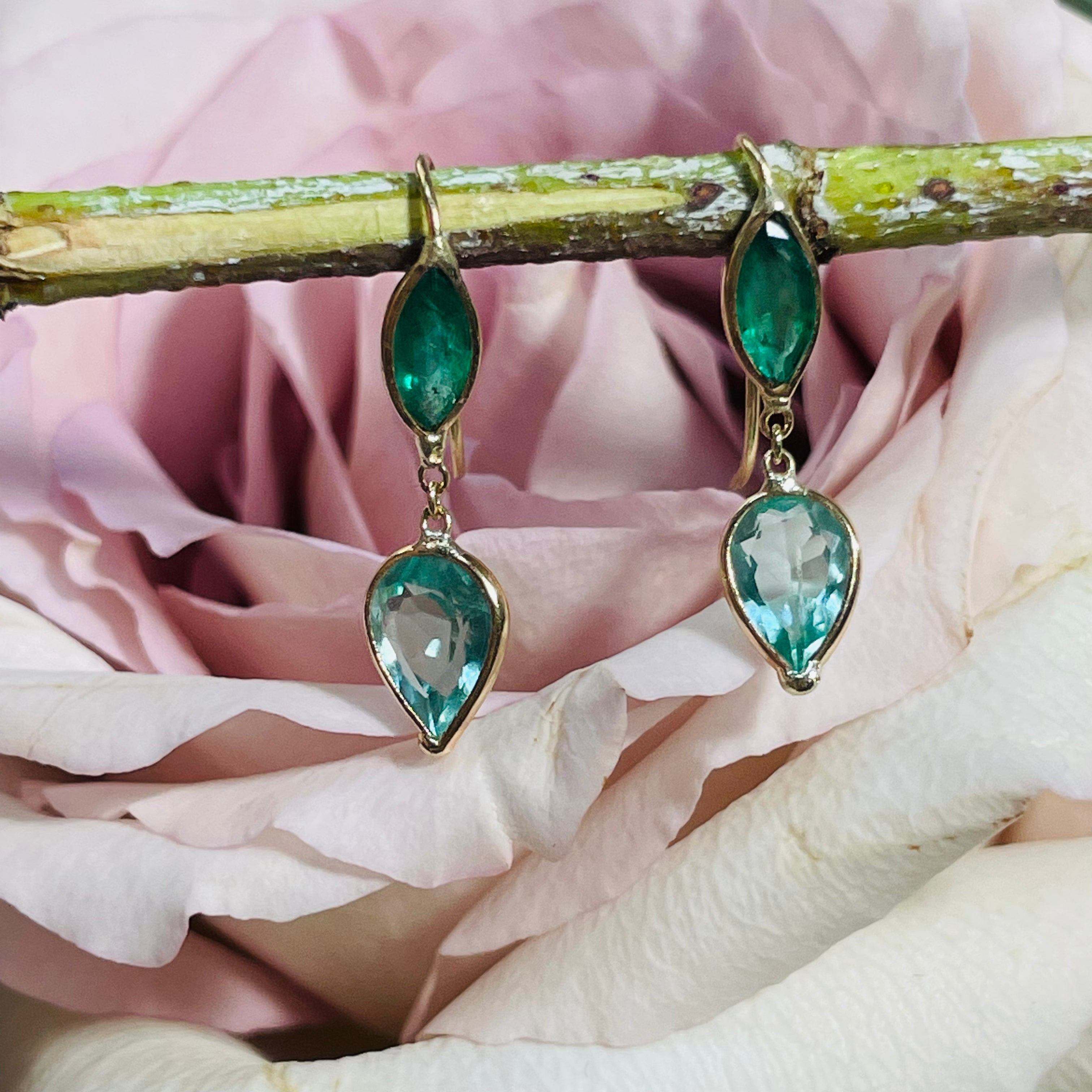 Natural Colombian Emerald Dark and Light Green 14K Yellow Gold Drop Earrings