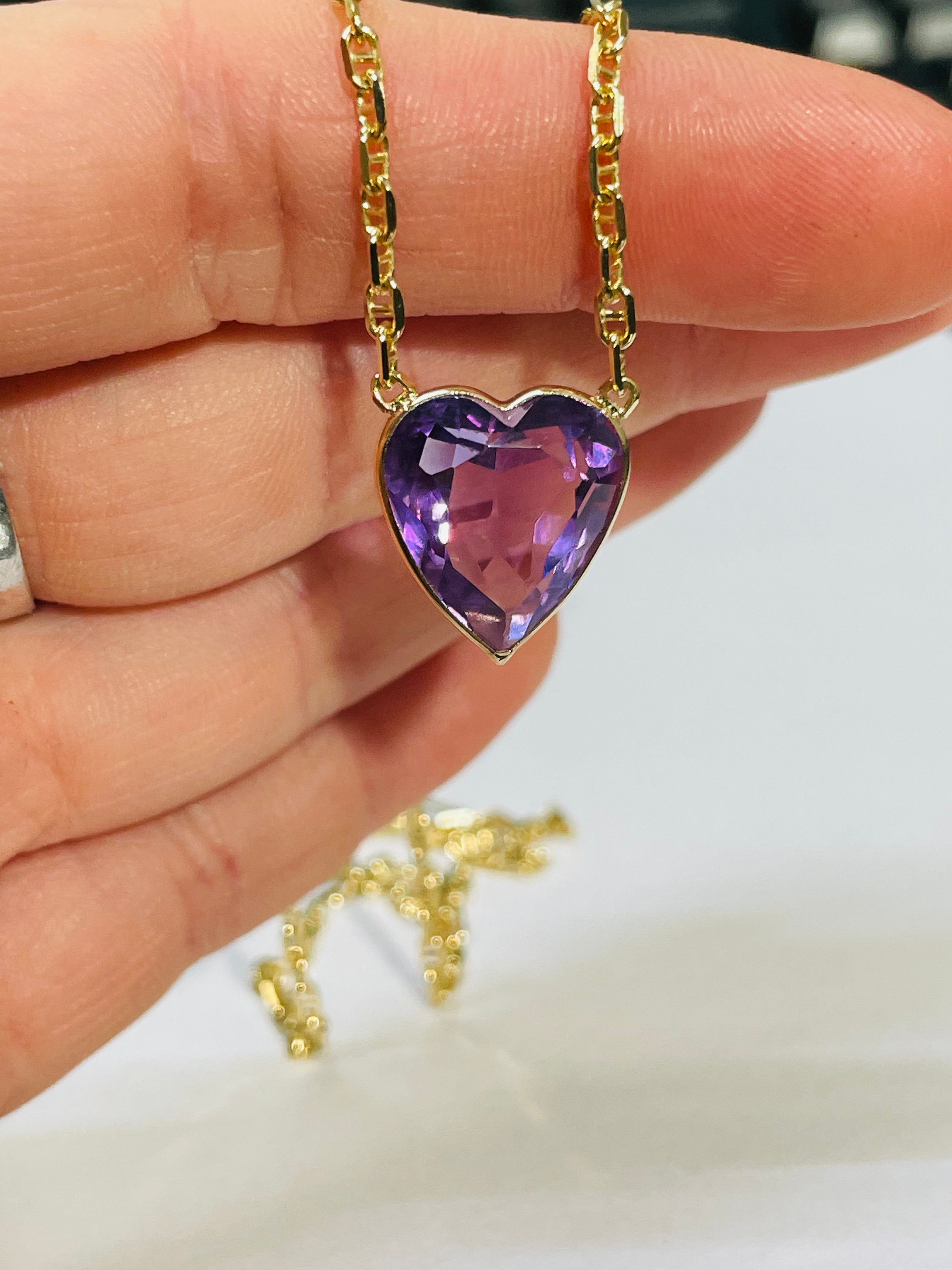 7CT Natural Amethyst Heart 14K Yellow Gold Necklace Anchor Link Chain Necklace
