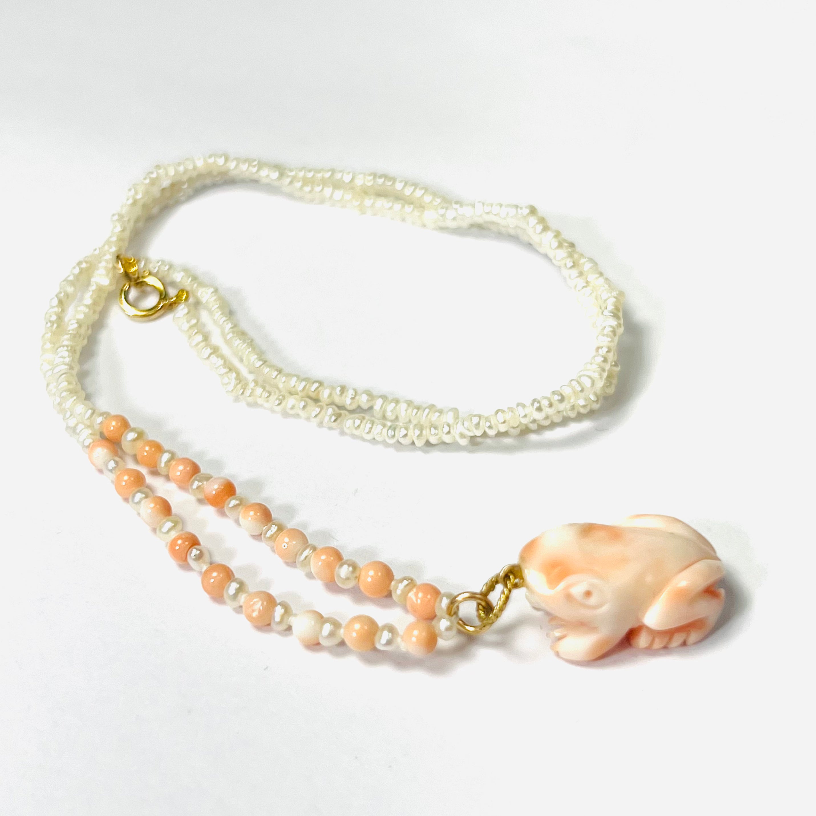16" 14K Yellow Gold Frog Carved Natural Coral on Seed Pearl Necklace