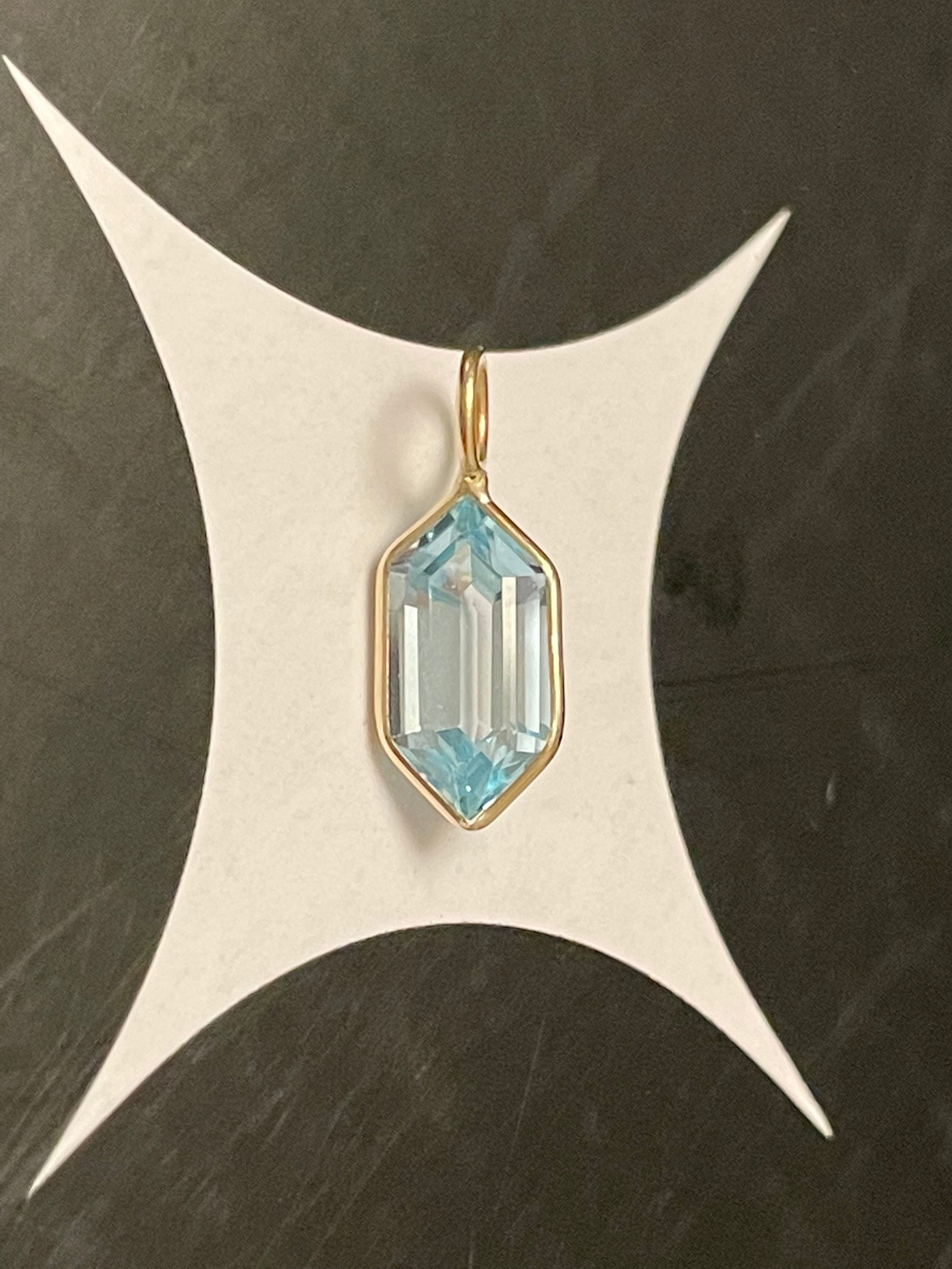 Blue Hexagon Topaz 14K Yellow Gold Pendant Charm 14x6mm