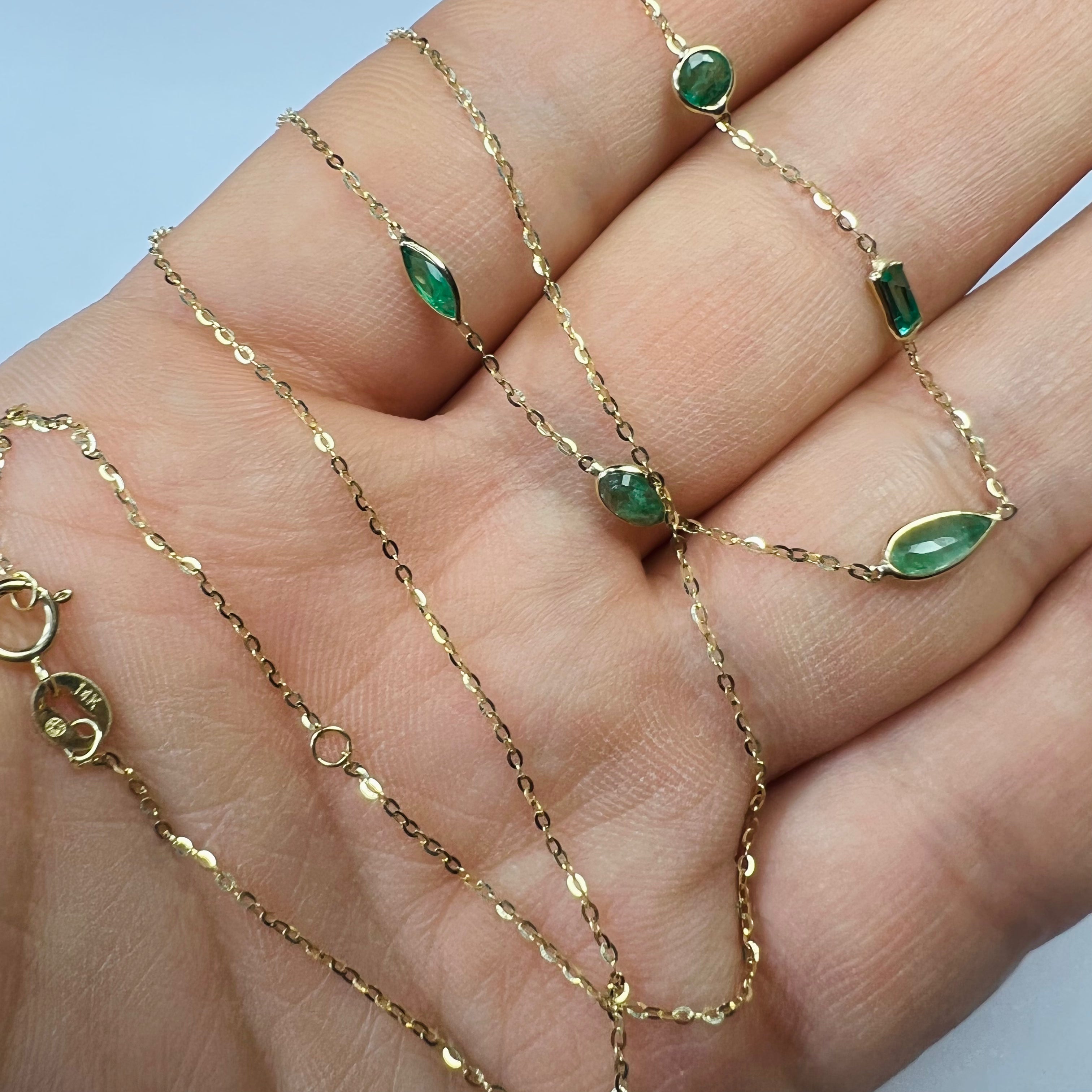 Stationed Emerald  19" 14K Yellow Gold Flat Cable Chain Necklace