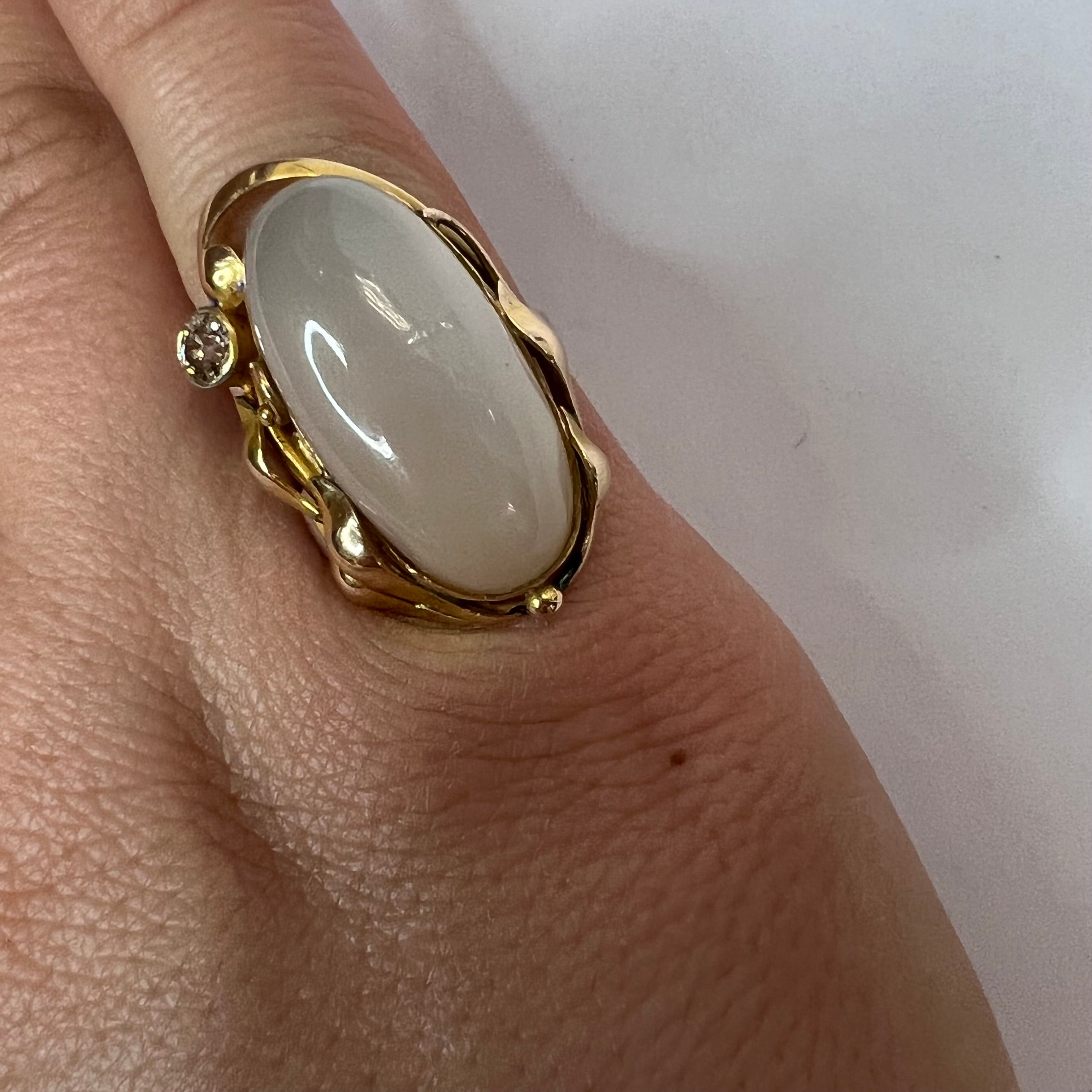 Solid 14K Yellow Gold Antique Moonstone and Diamond Long Ring Size 4.75