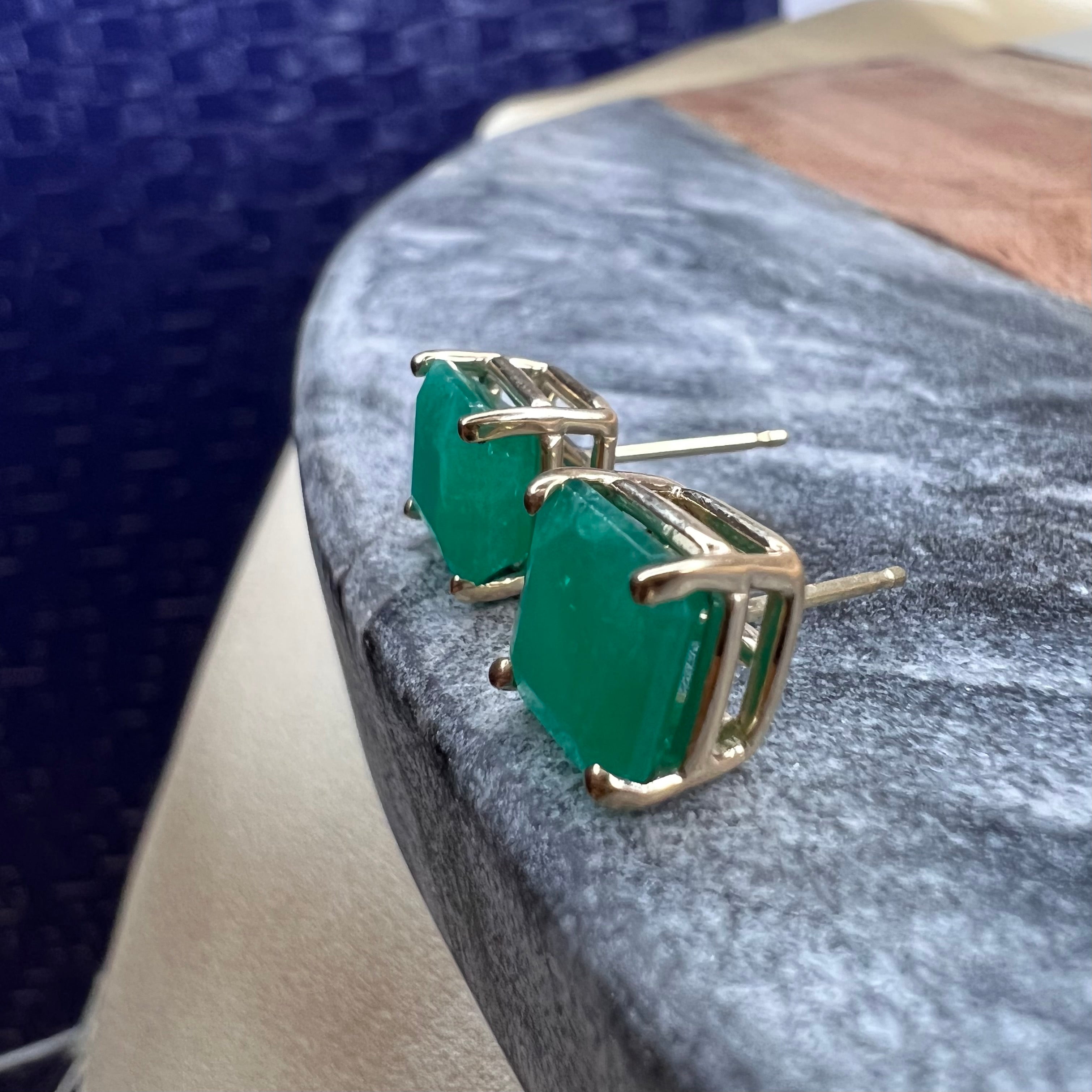 4CT Colombian Emerald 14K Yellow Gold Stud Earrings