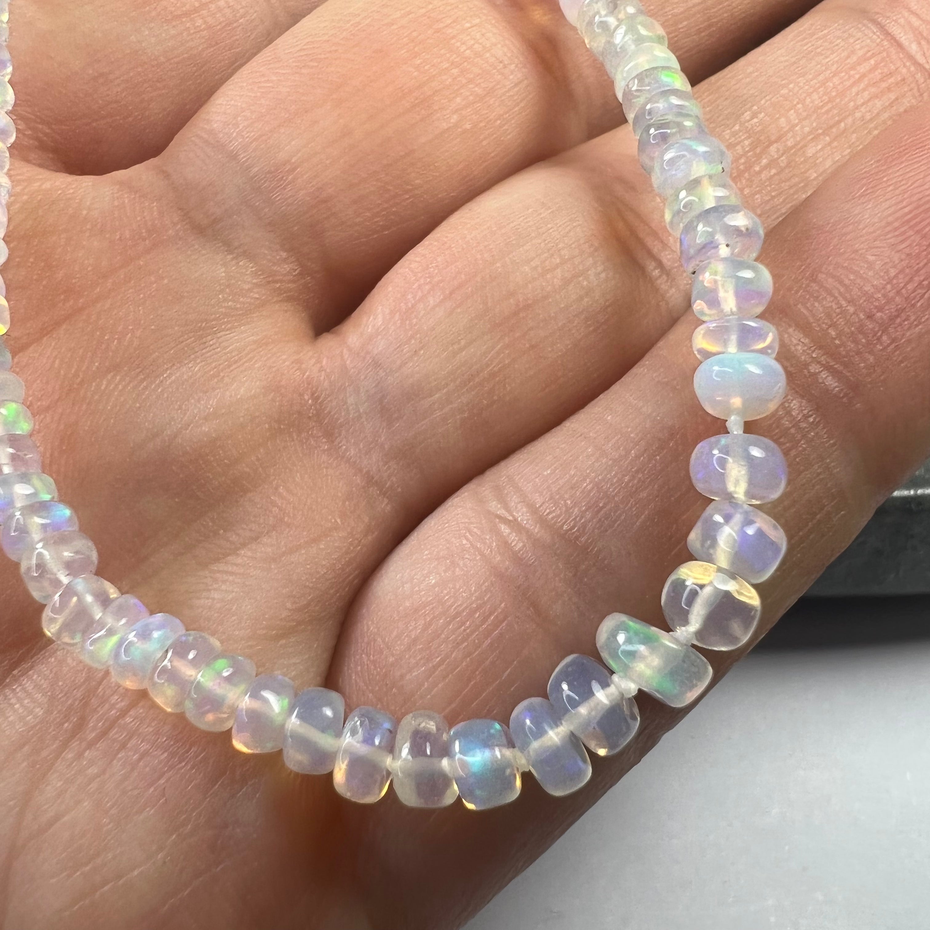 White Opal Beaded Bracelet 14K Gold 7.5"