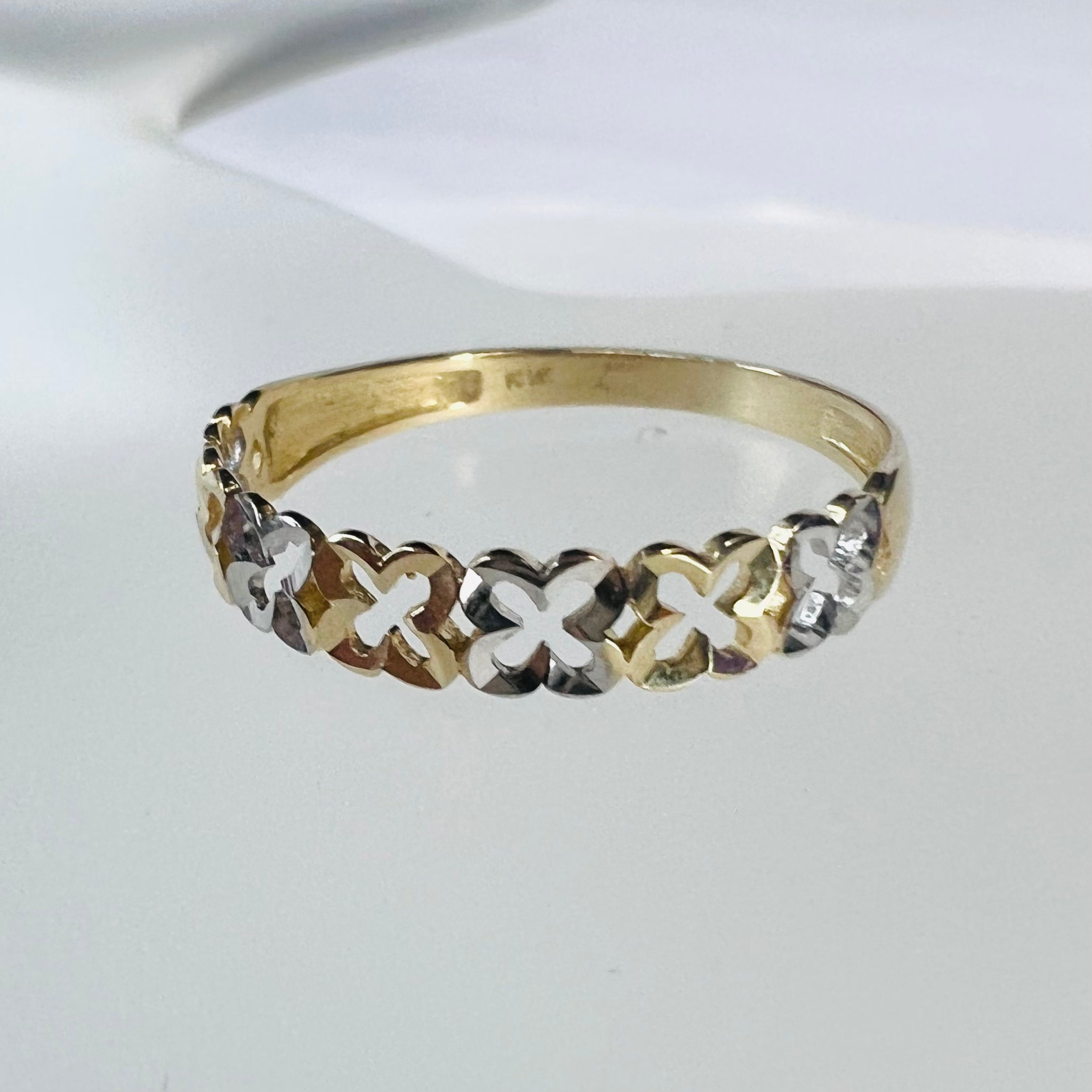 Solid 14K Yellow Gold, Two Tones Stackable Flower Ring Band Size 6.75