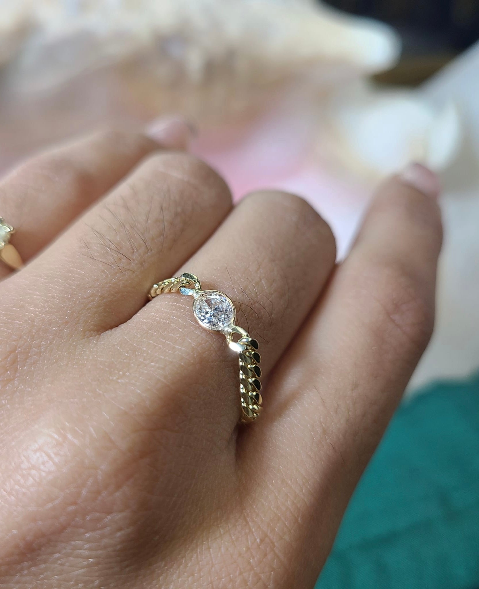 Solid 14K Yellow Gold Oval Diamond Cuban Chain Ring Size 8.5