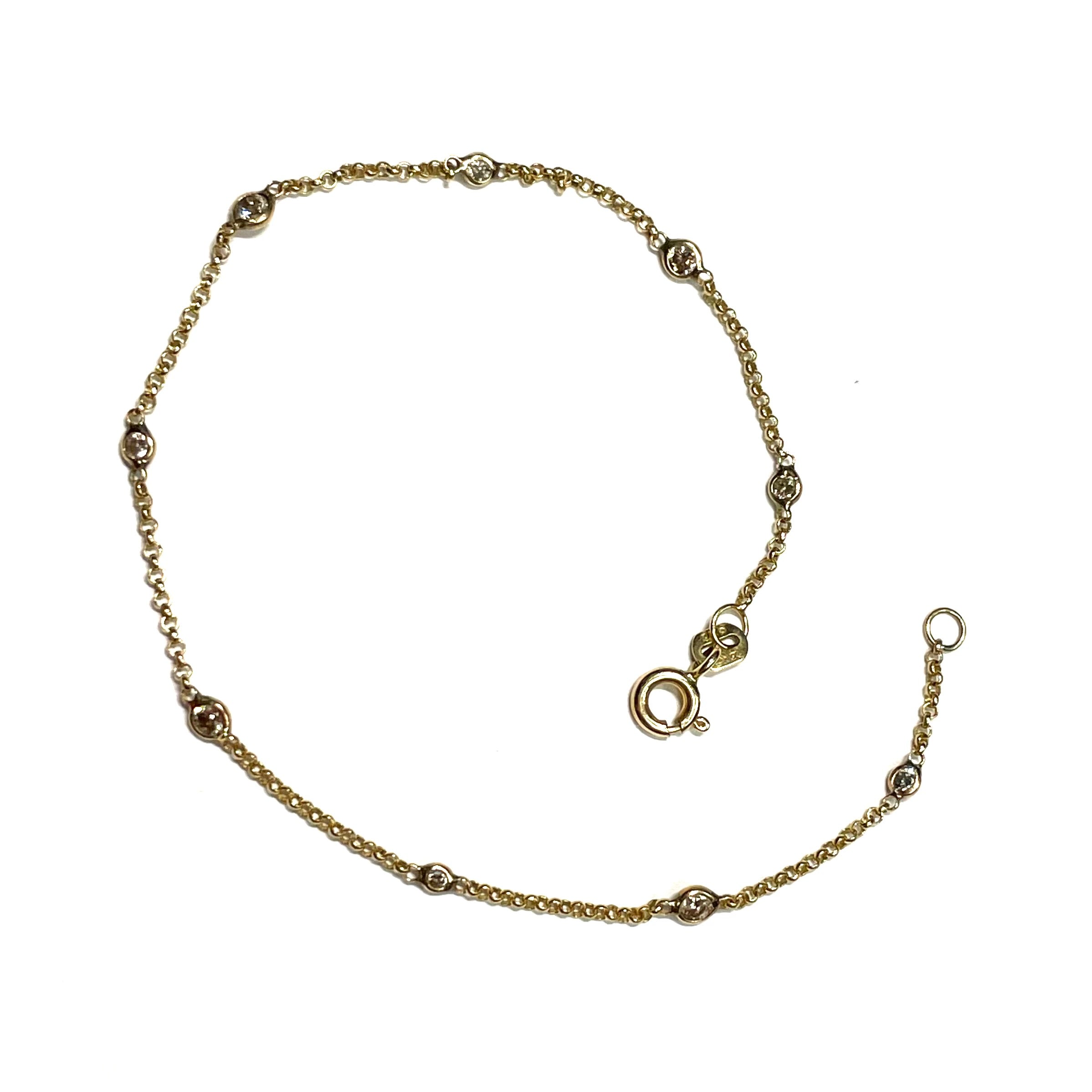 Nine Diamond Bracelet in Solid 14k Yellow Gold 7.5"