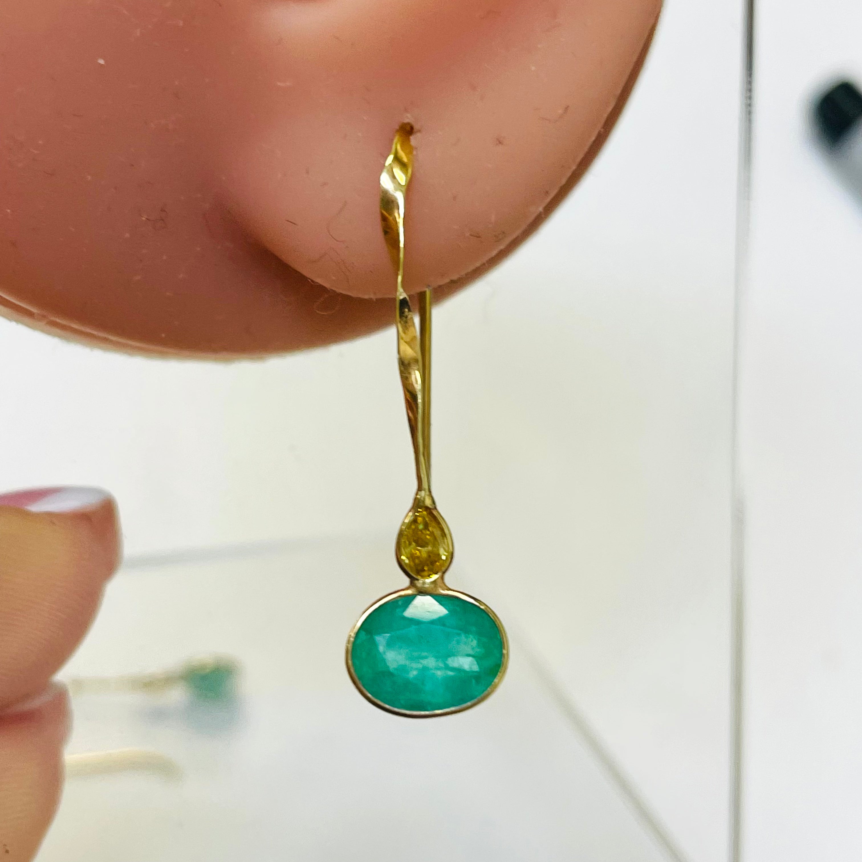 2.3CTEmerald and .24CT Yellow Diamond Twisted 14K Yellow Gold Drop Down Earrings