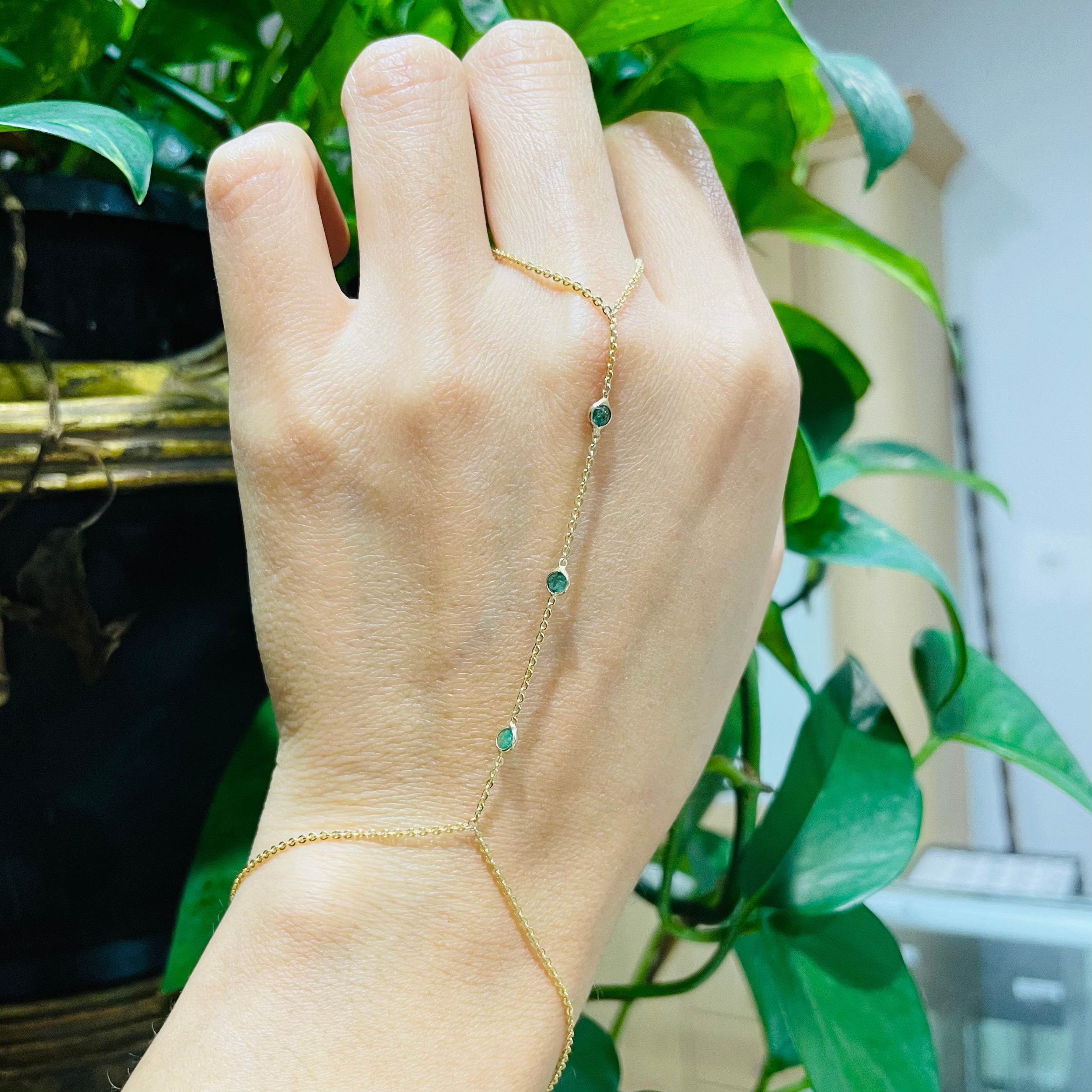 Three Emerald HandChain in solid 14k Yellow Gold