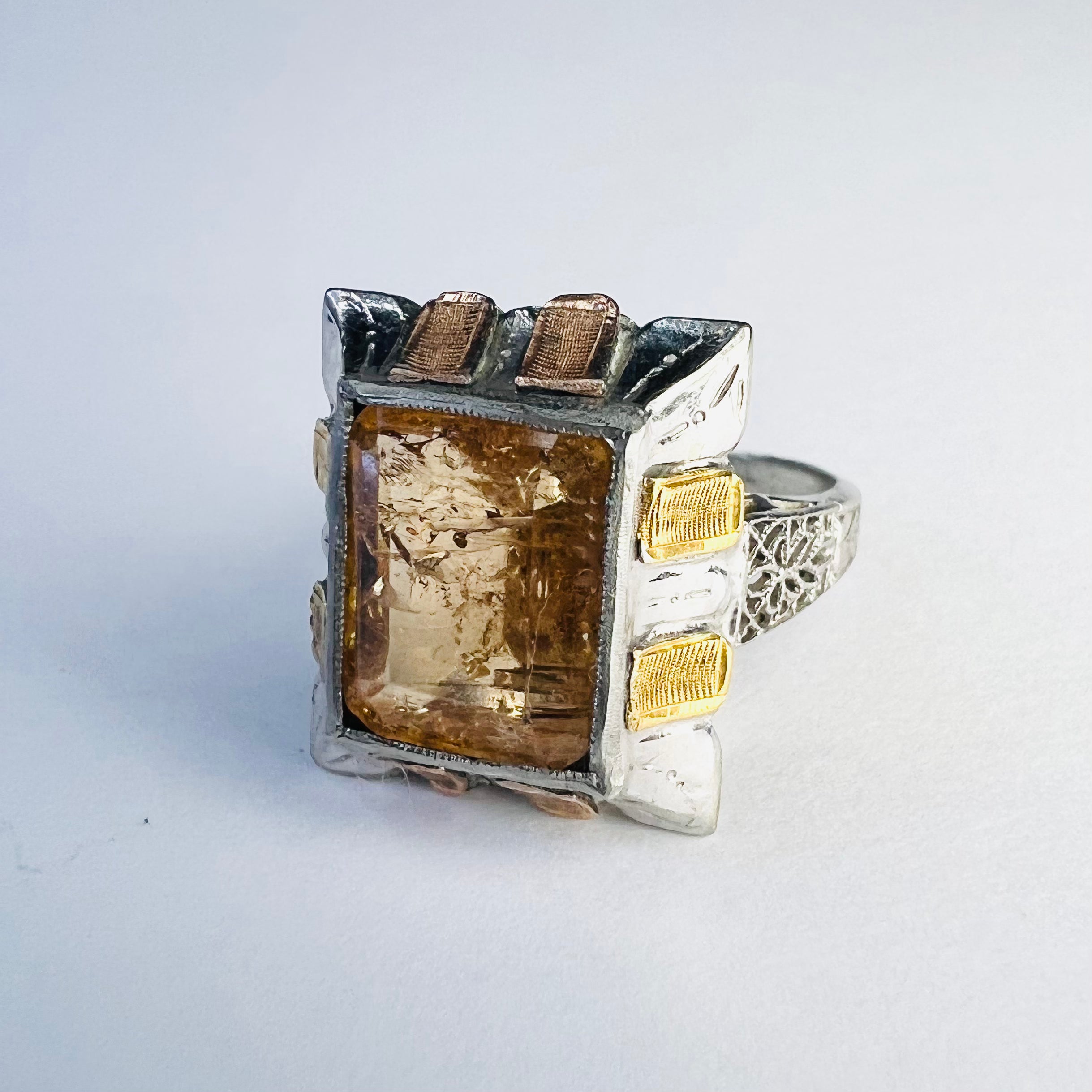 Art Deco 10K Gold Imperial Topaz Engraved Ring Band Size 4.5