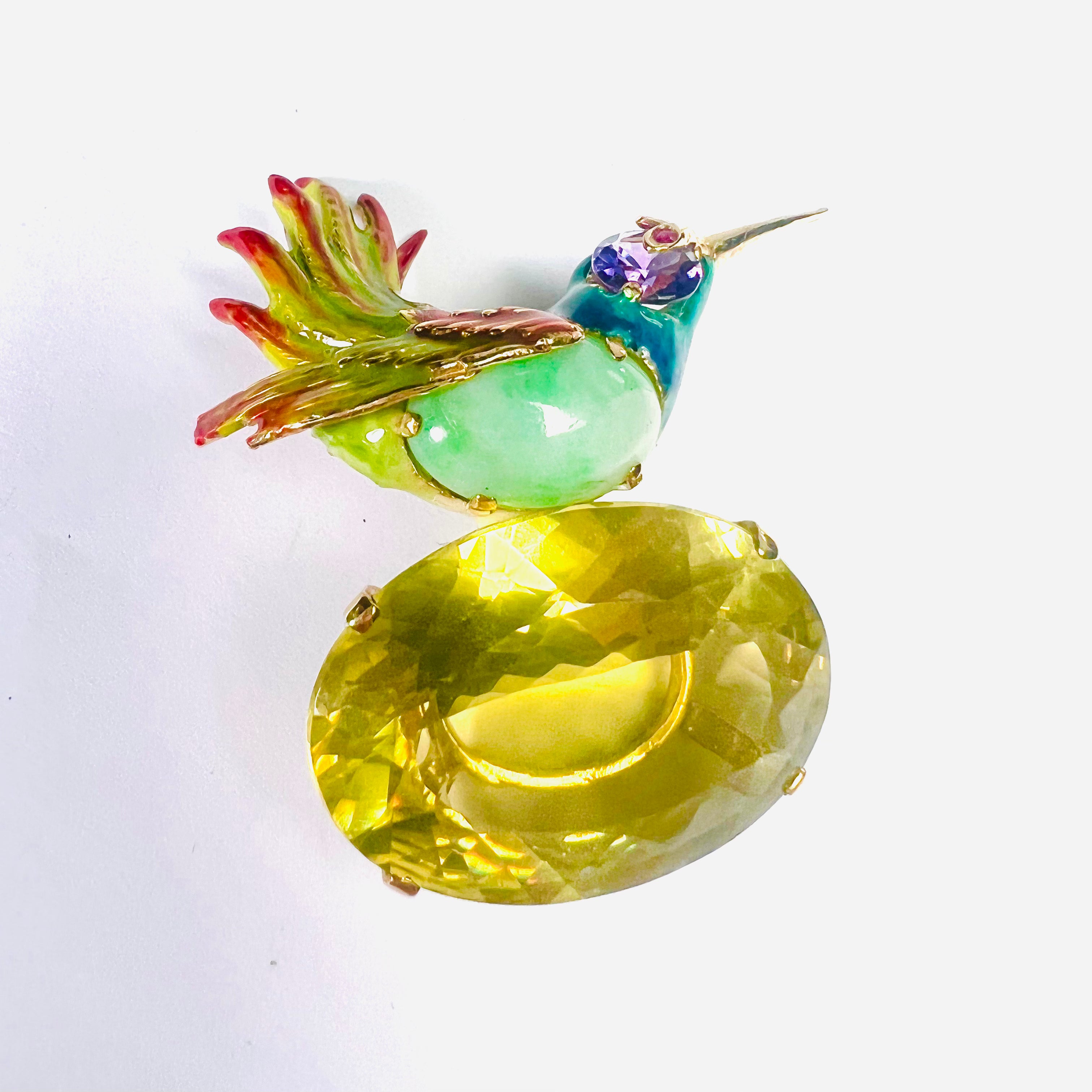 Unique 14K Yellow Gold Natural Stones And Enamel Humming Bird Brooch Pin 2"