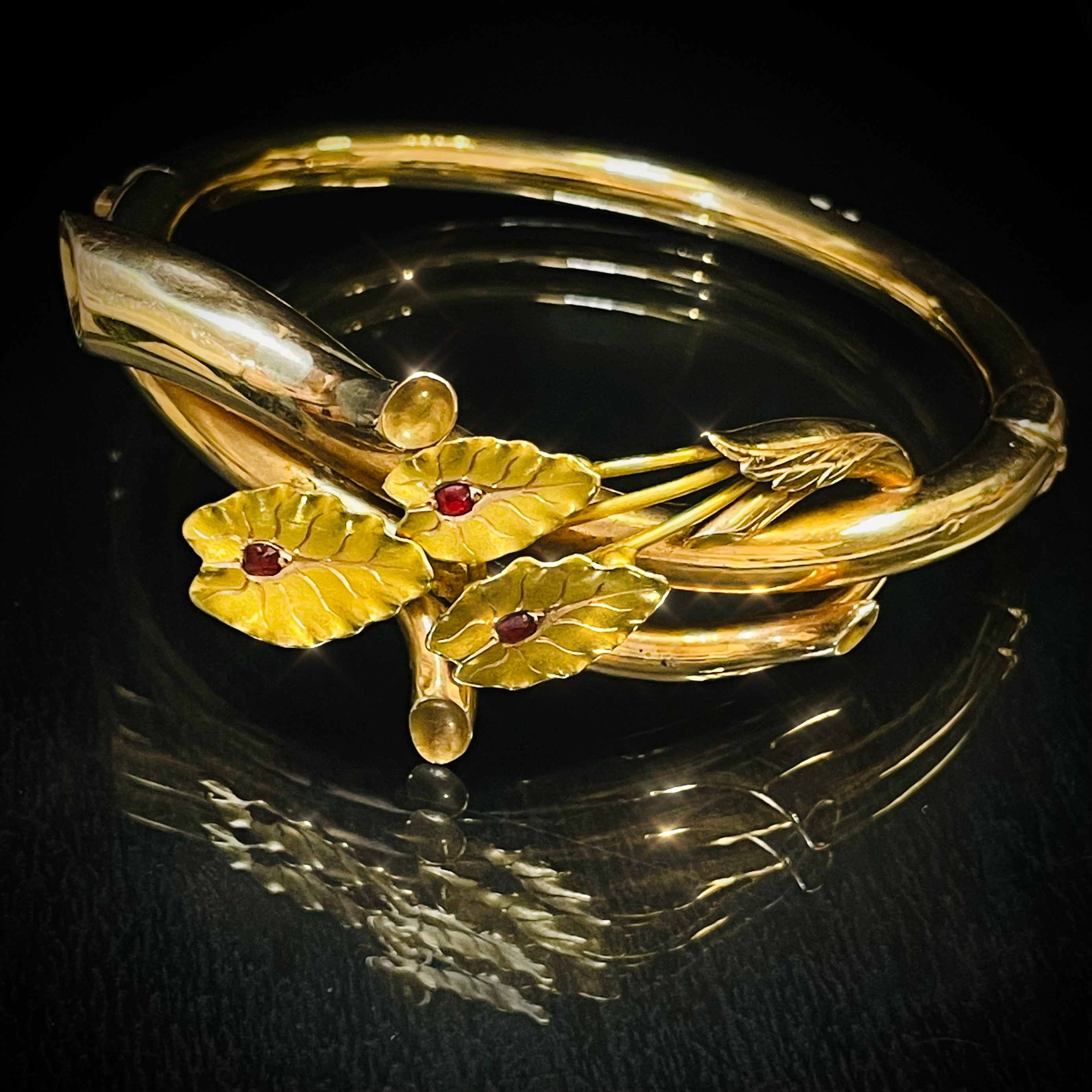 Antique 18K French Rose and Yellow Gold Burma Ruby Bangle Bracelet