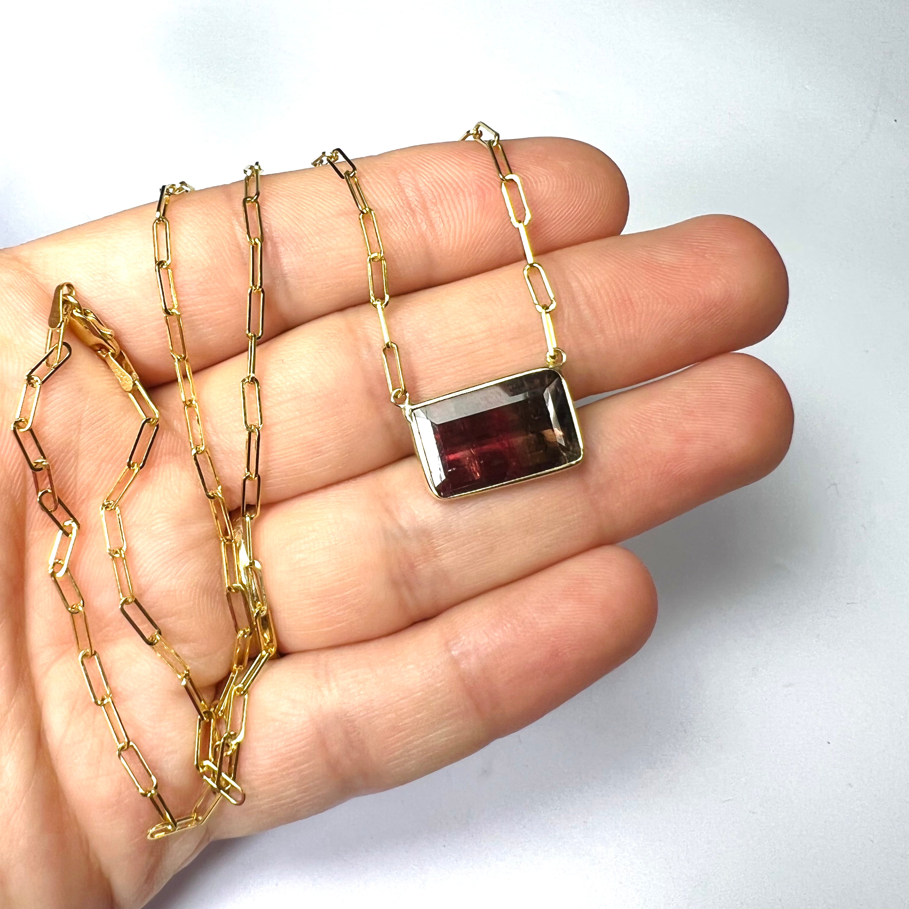 Red Tourmaline 18" 14K Yellow Gold Paperclip Necklace