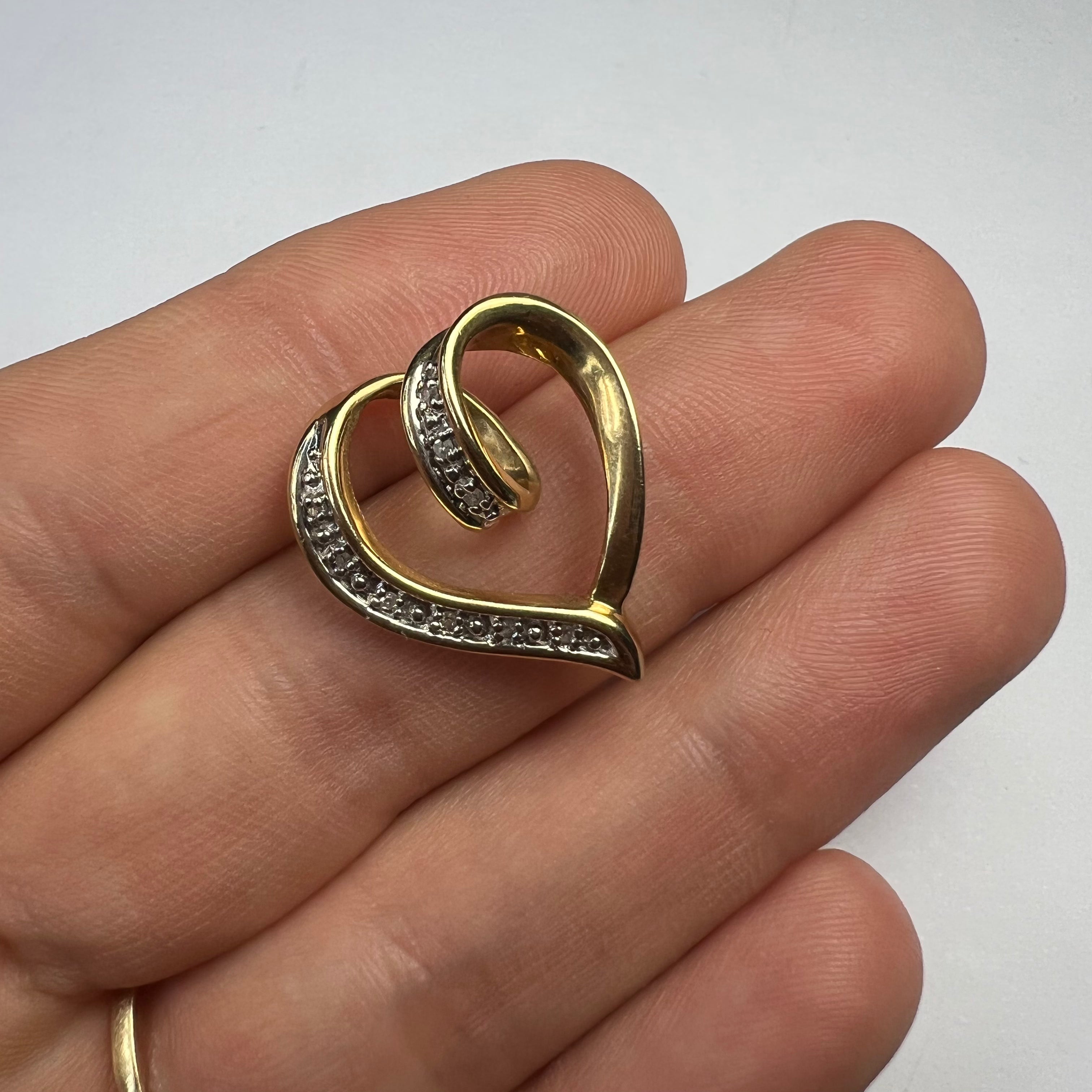Solid 10K Yellow Gold Diamond Pave Heart Pendant Slide .87"