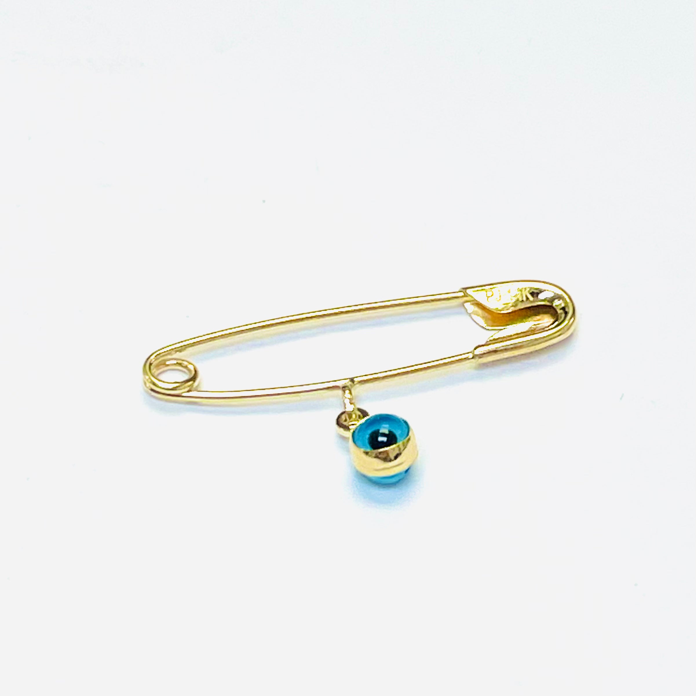 14K Solid Yellow Gold Safety Pin Pendant Charm Holder With Evil Eye 1"