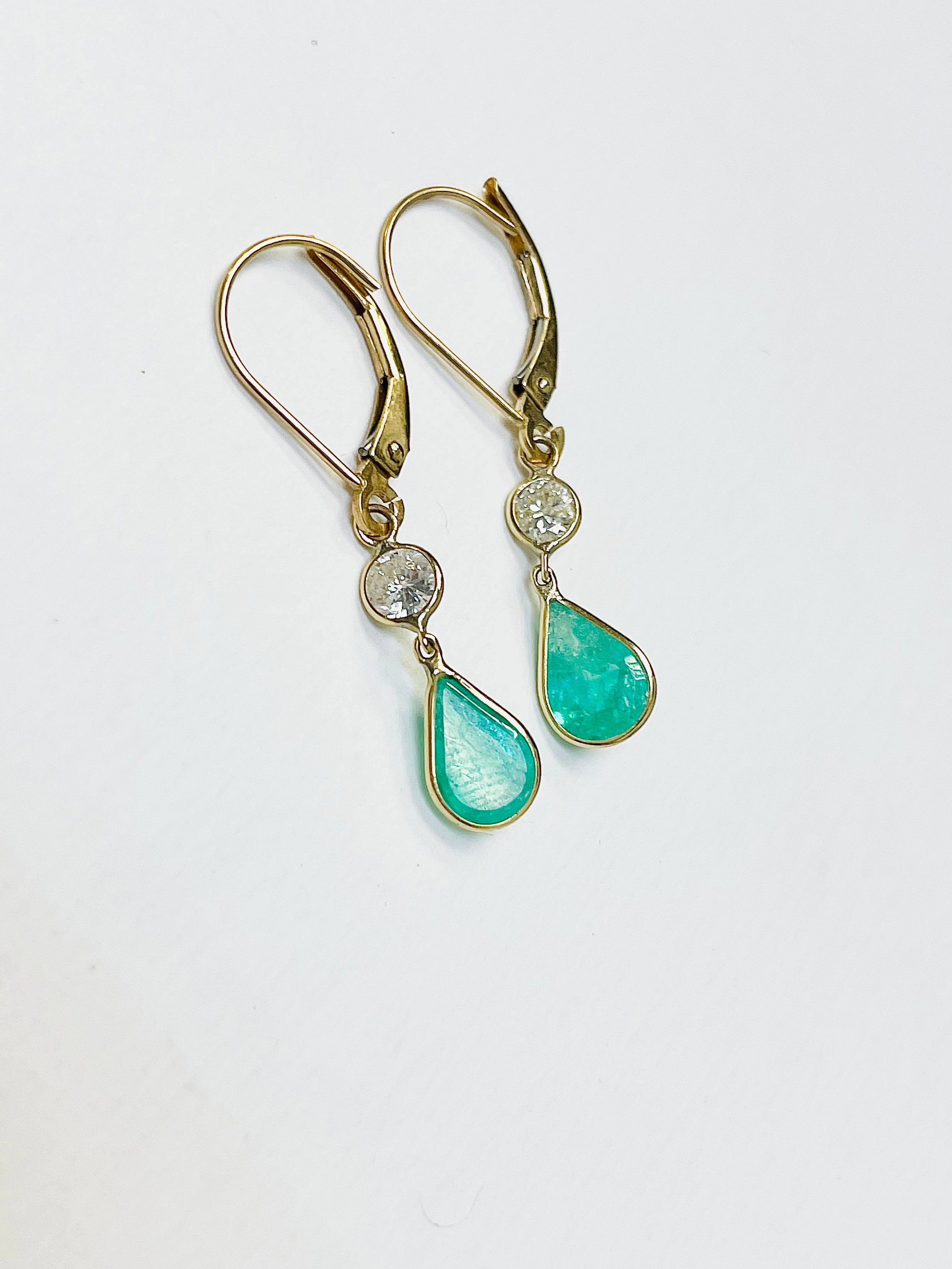 2CT Emerald and .30CT Diamond 14K Yellow Gold Lever Back Drop Down Earrings