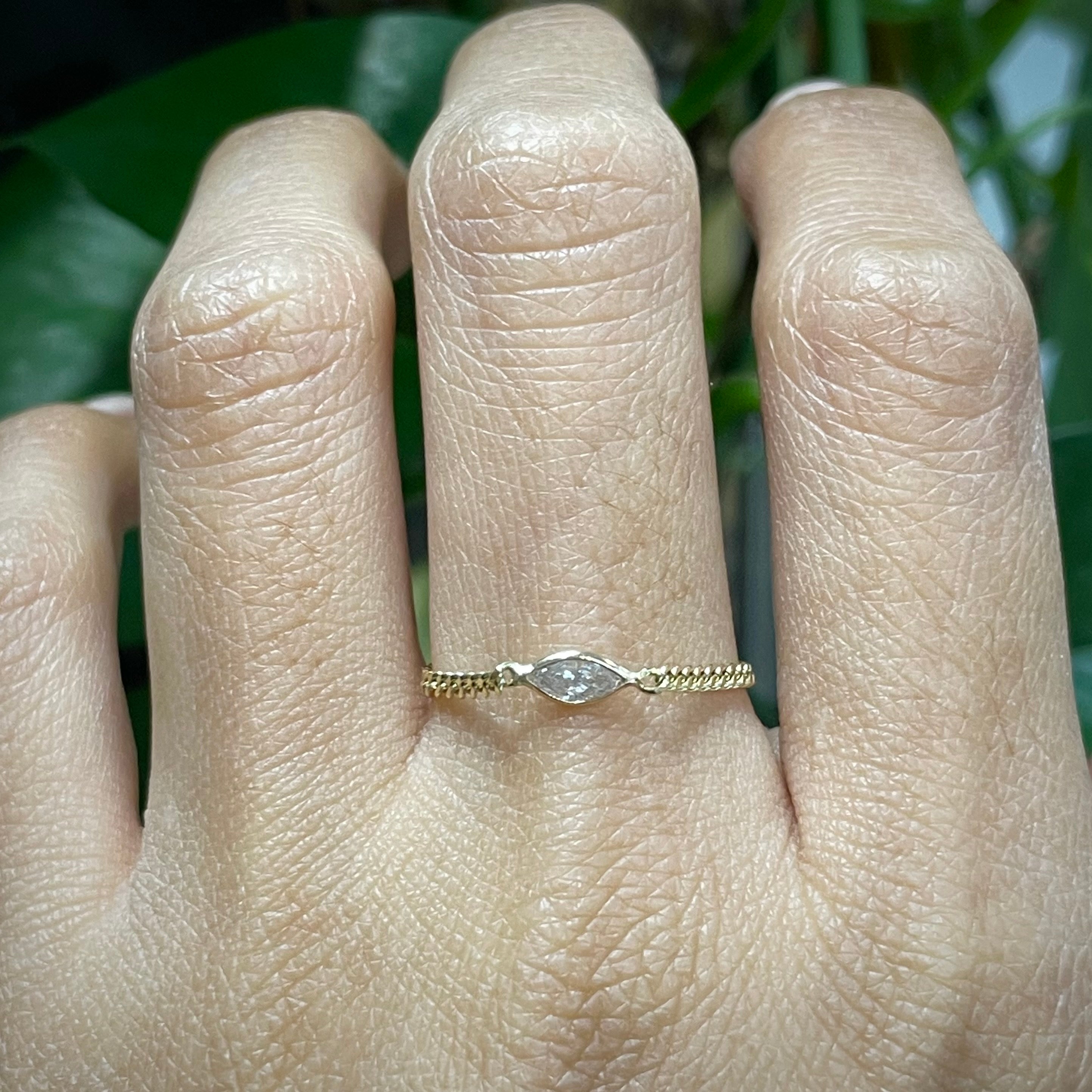 Solid 14K Yellow Gold Marquise Diamond Cuban Chain Ring Size 9.25