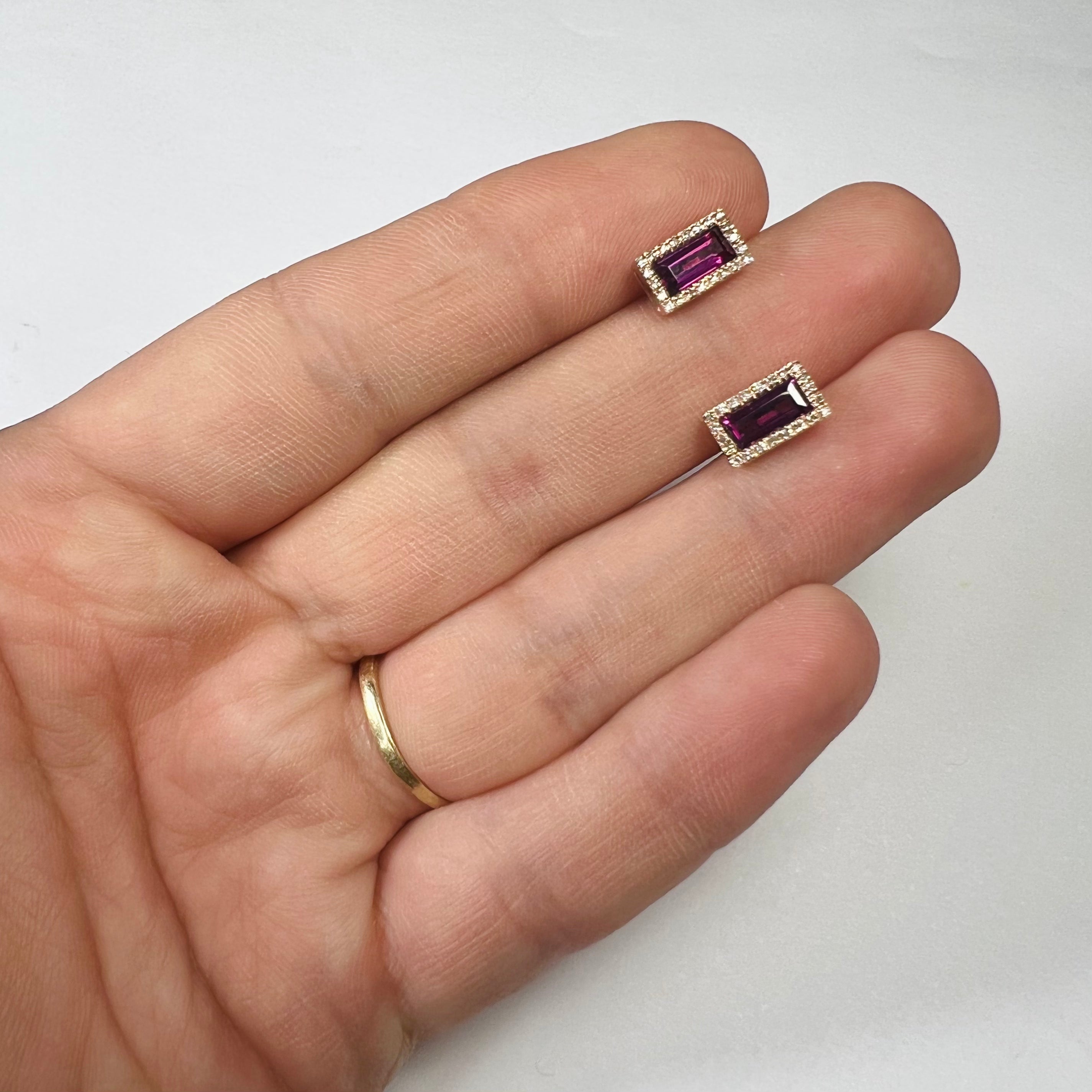 14K Rose Gold Diamond & Garnet Baguette Earring Studs 9x5mm