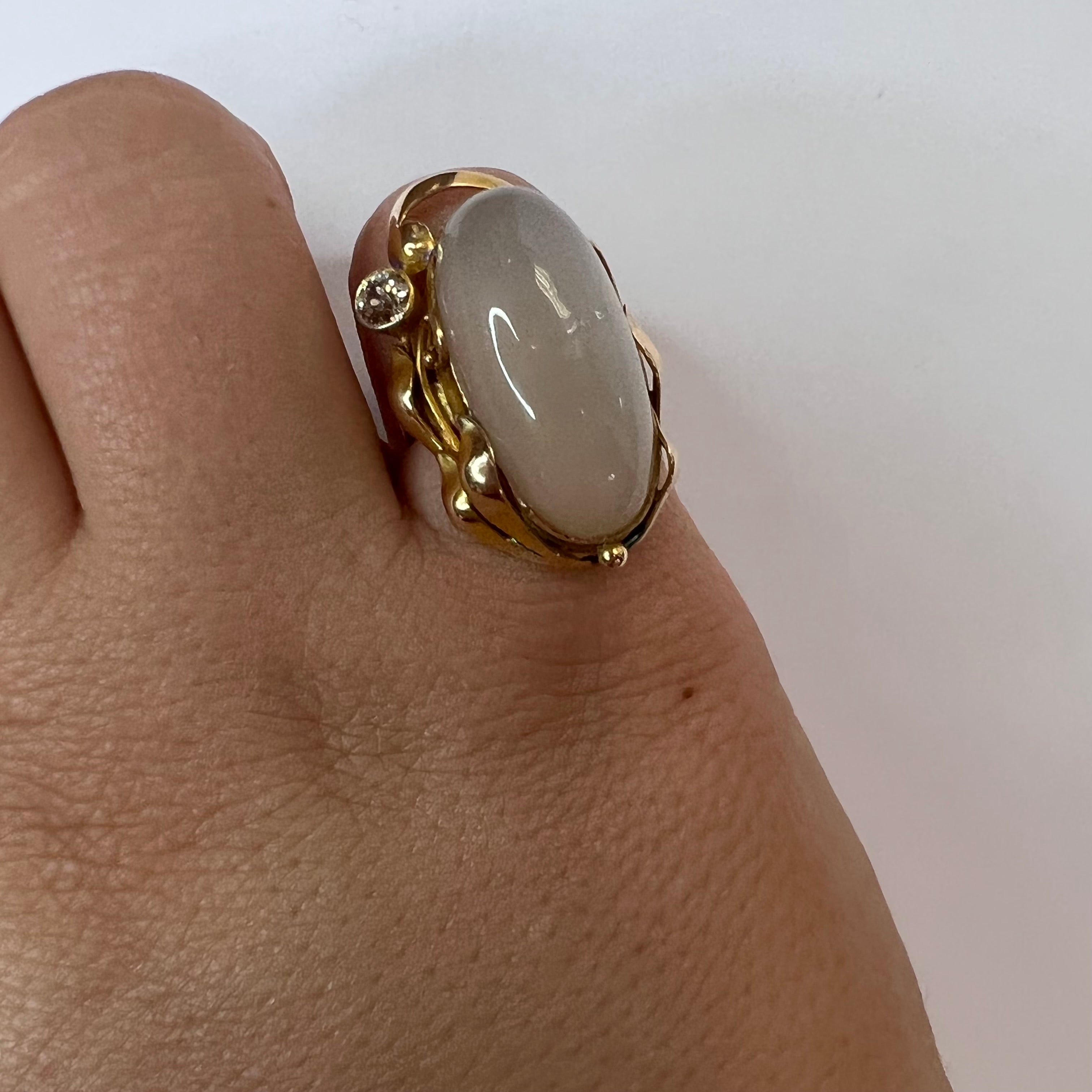 Solid 14K Yellow Gold Antique Moonstone and Diamond Long Ring Size 4.75