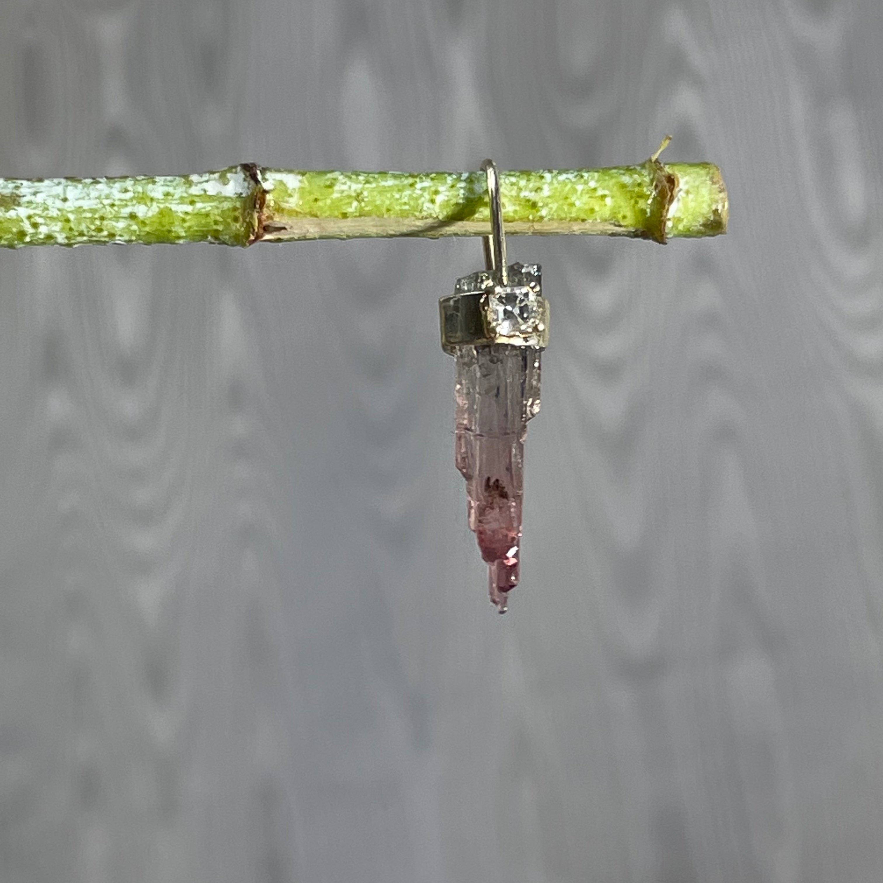 Rough Pink Tourmaline and Diamond 14K Yellow Gold Amulet