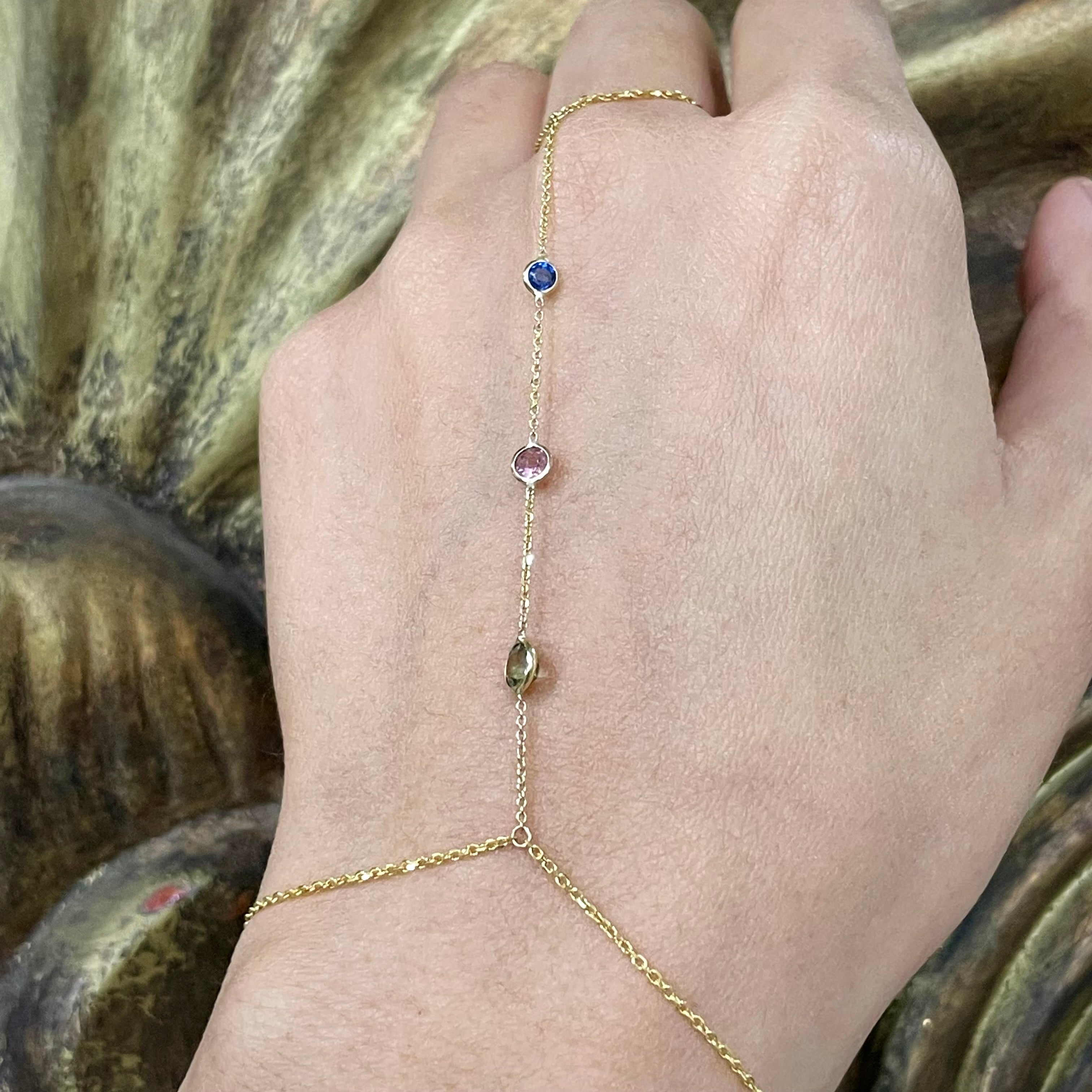 Multi-color Sapphires HandChain in solid 14k Yellow Gold
