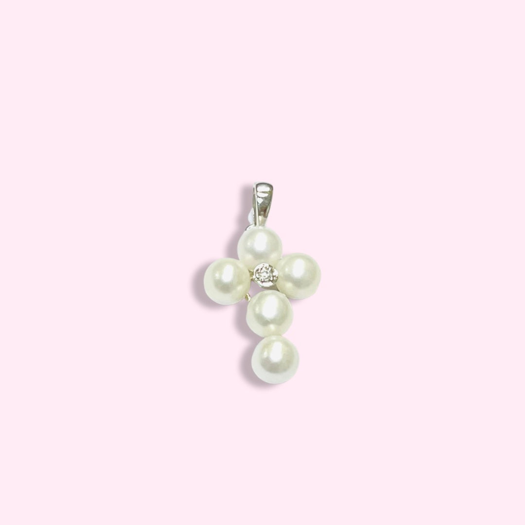14K White Gold Pearl and Diamond Cross Pendant Charm