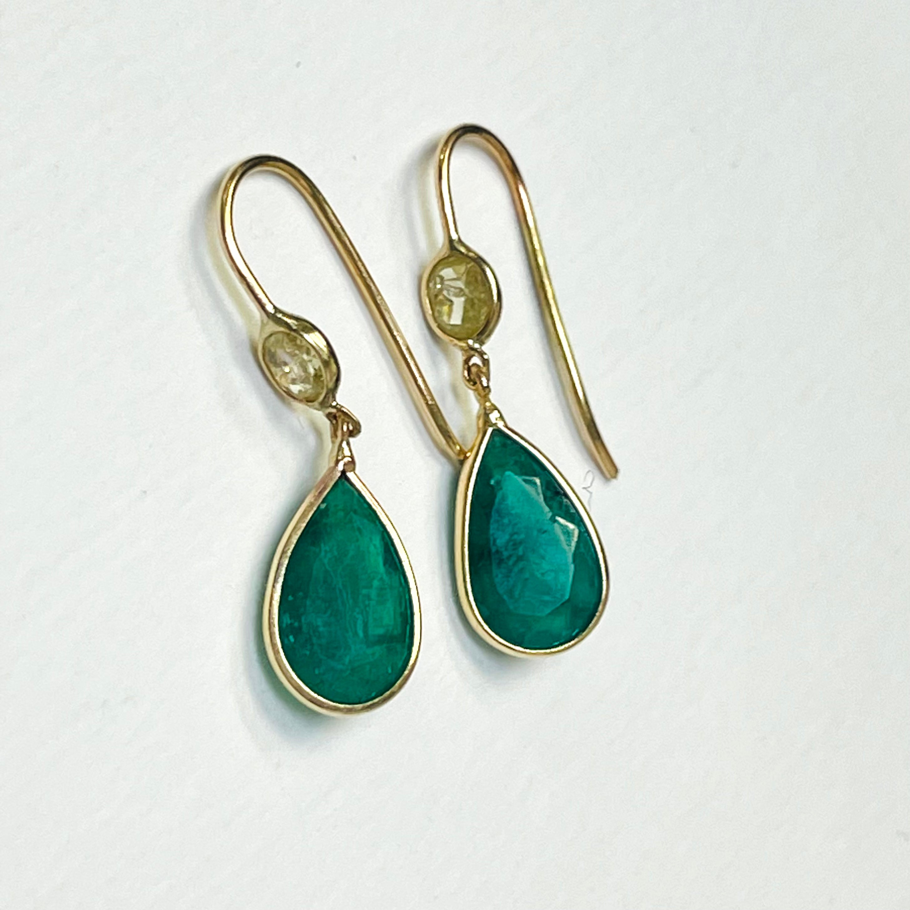2.3CT Emerald and.28CT Oval Yellow Diamond 14K Yellow Gold Drop Down Earrings