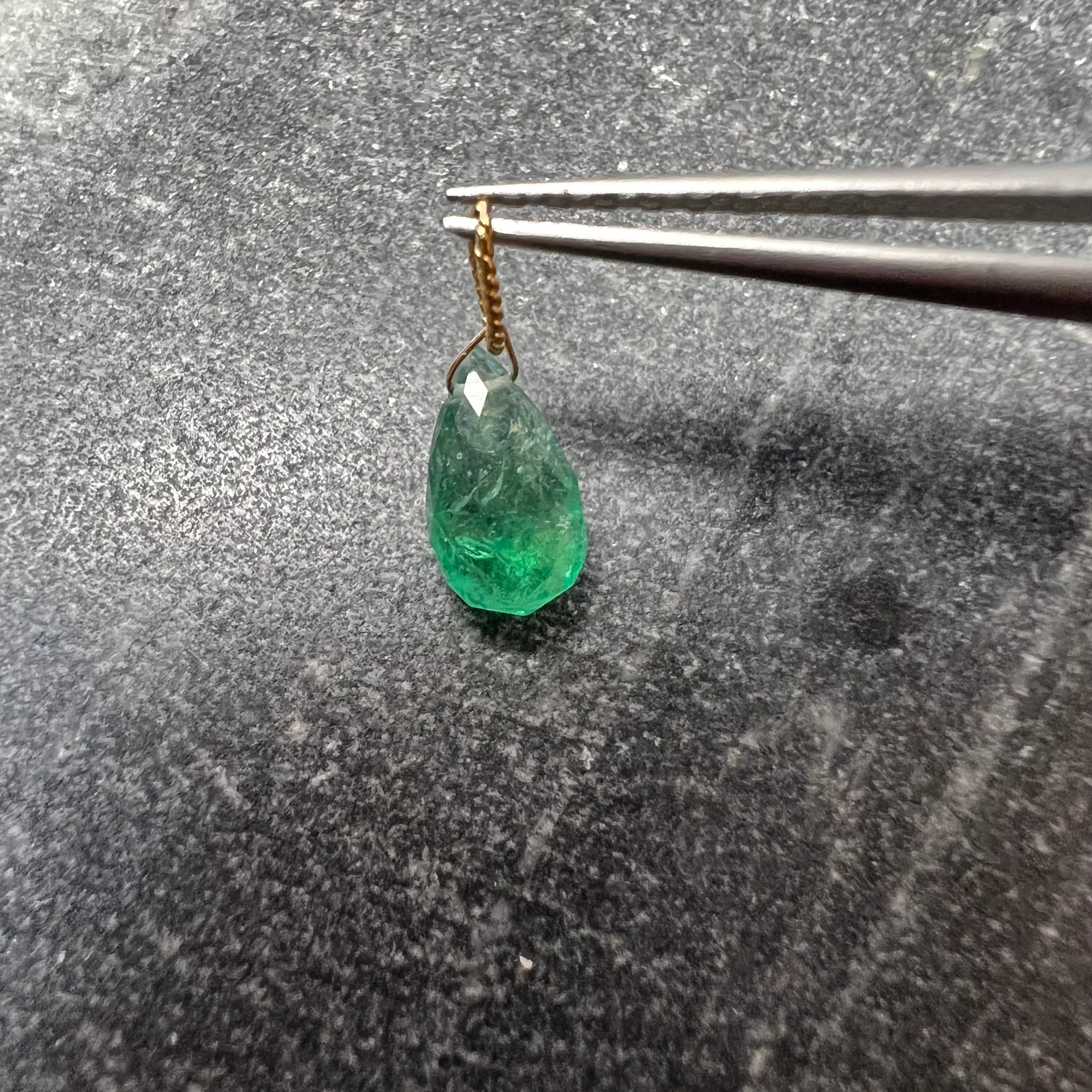 1.3CT Solid 14K Yellow Gold Briolette Emerald Twisted bail Charm 9x5.49x3.96mm