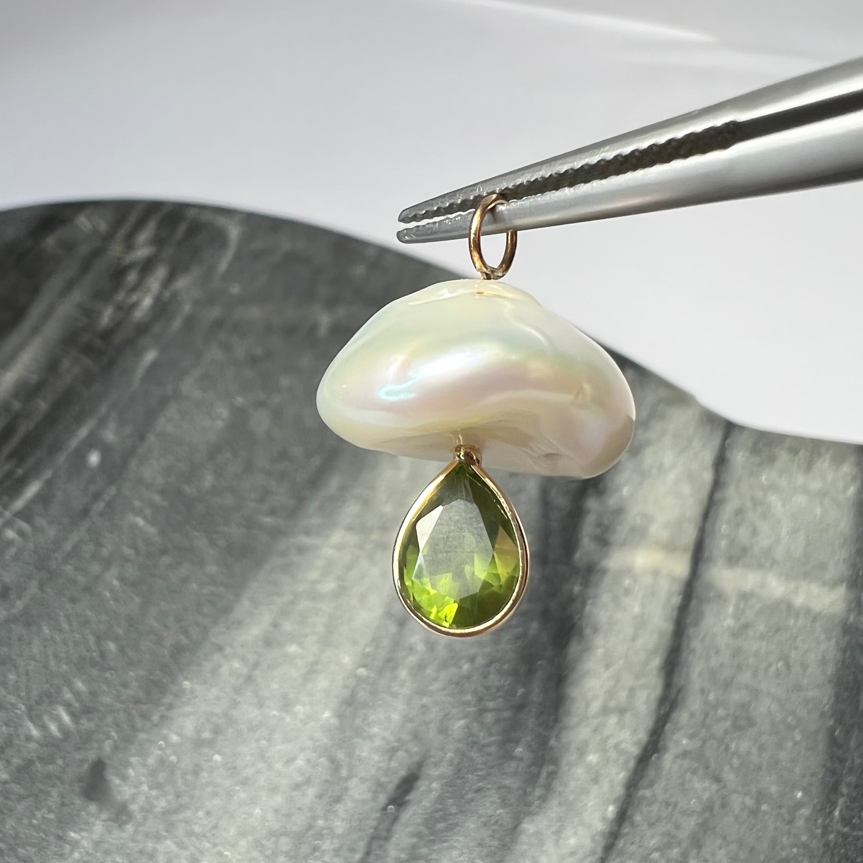 Natural Green Pear Tourmaline and Pearl Mushroom 14K Yellow Gold Pendant Charm 23x16mm