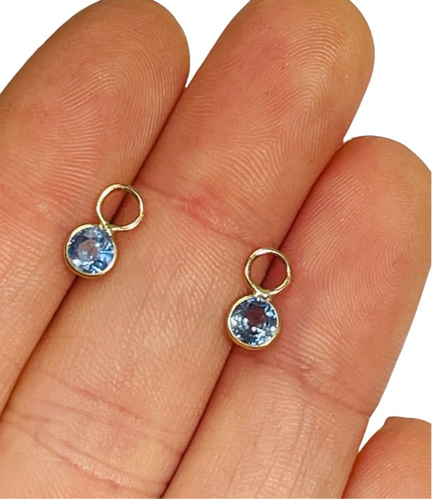 14K Yellow Gold Round Sapphire Hoop Earring Charm Pair