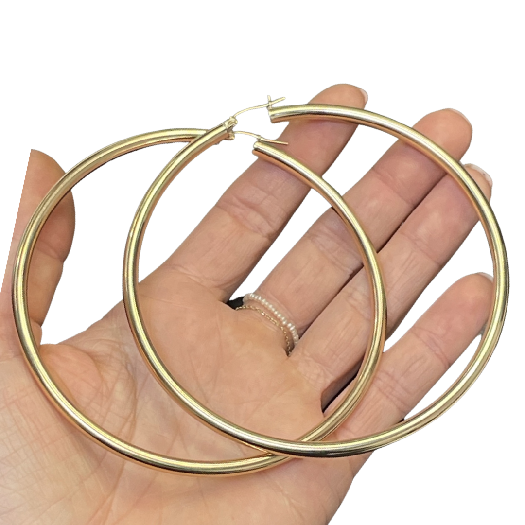 Beautiful New 14K Solid Yellow Gold Hoop Earrings 3.6"
