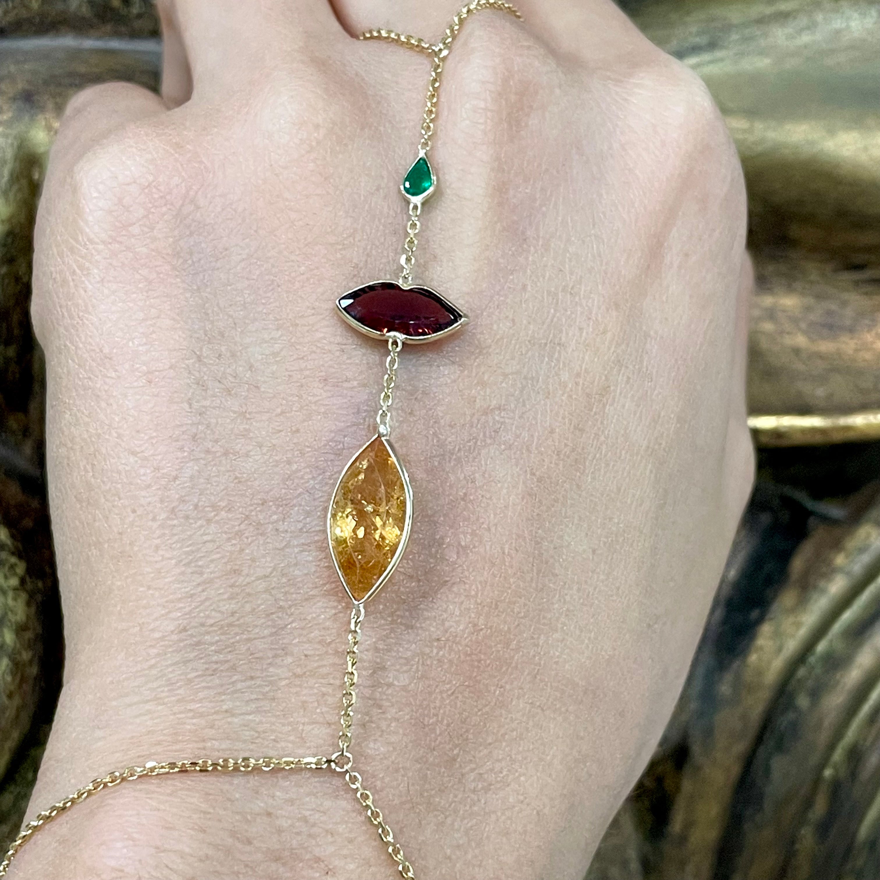 Lip Garnet HandChain in solid 14k Yellow Gold