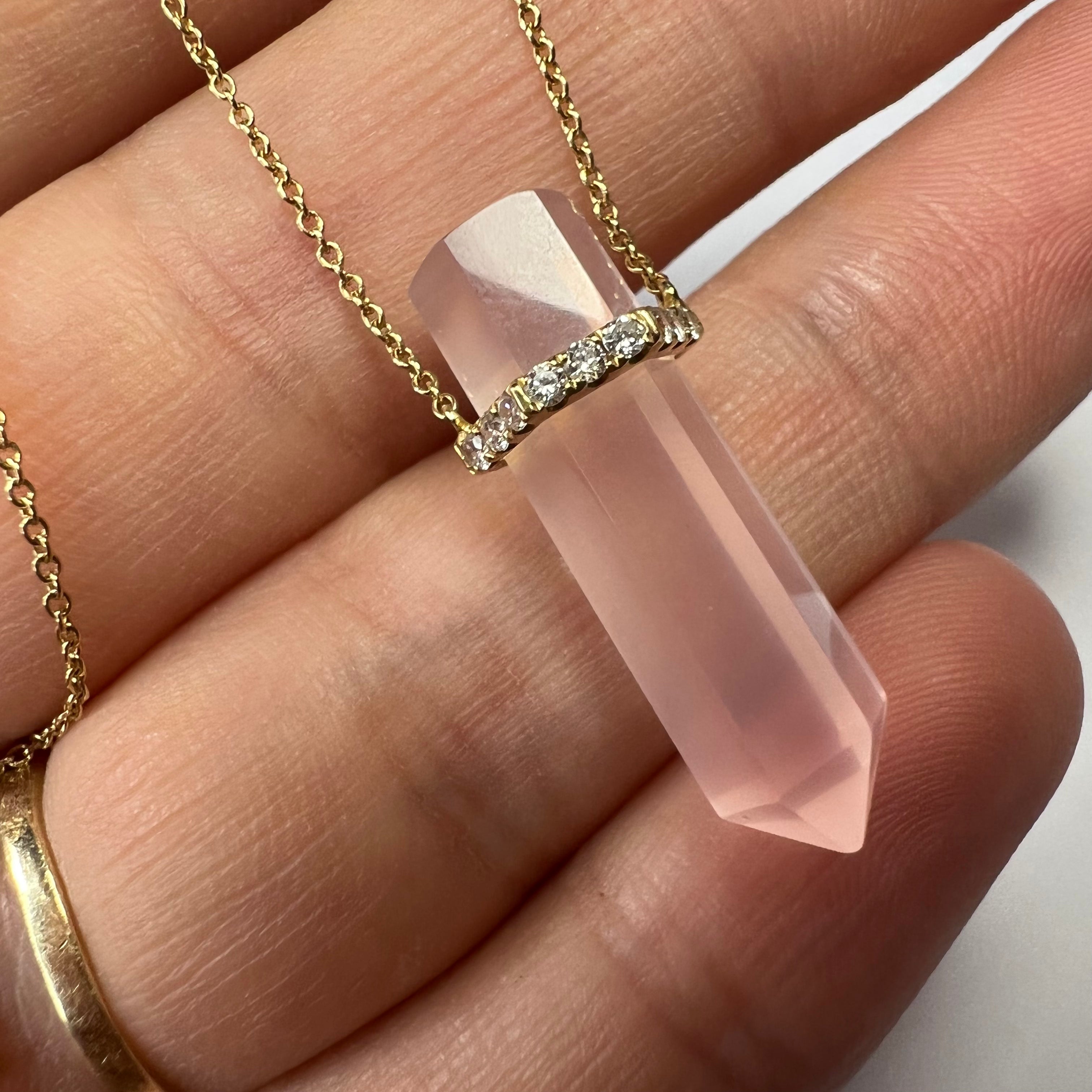 Rose Quartz with Diamonds 21" 18K Yellow Gold Necklace
