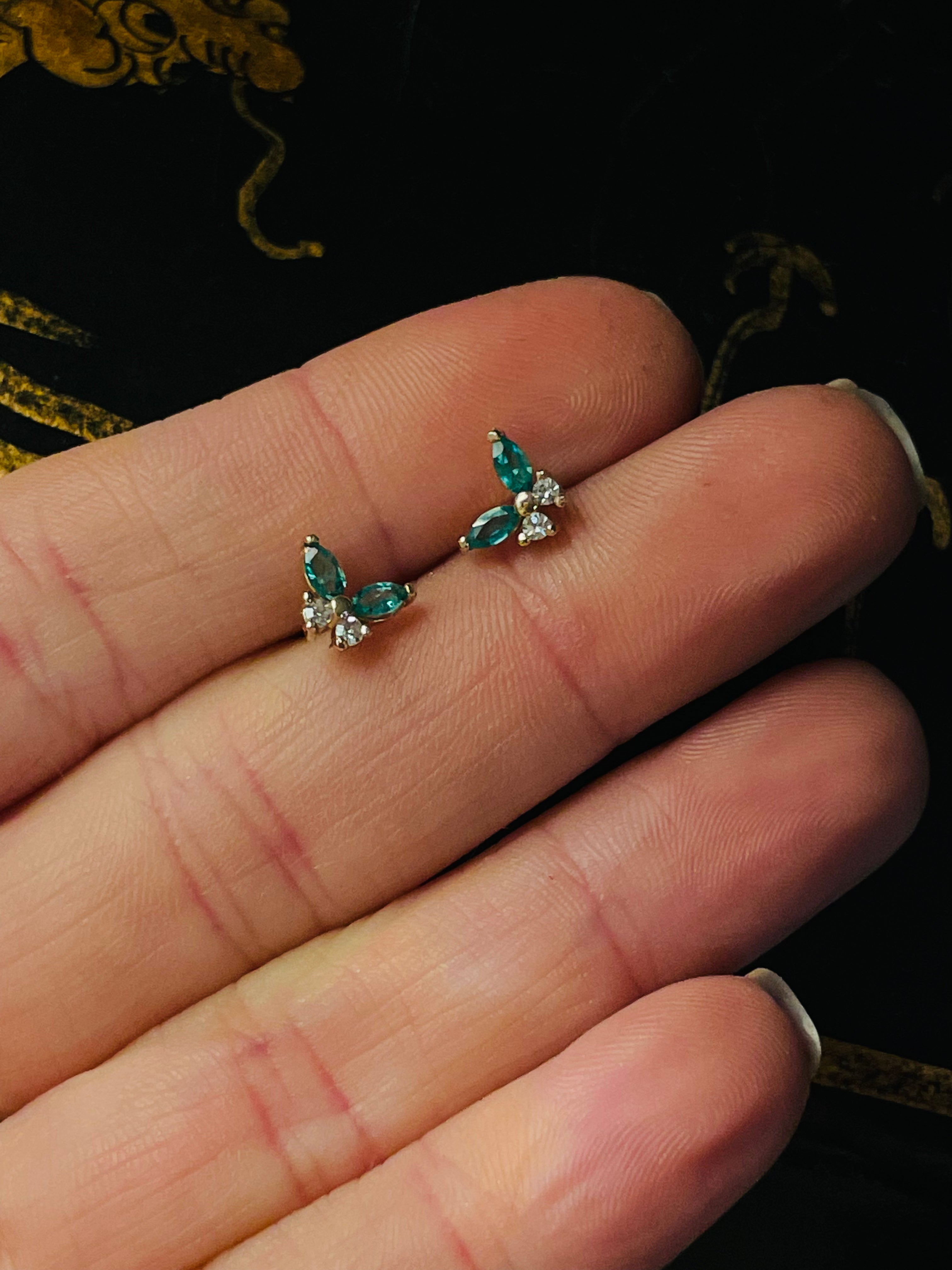 Natural Emerald and Diamond Solid 14K Yellow Gold Butterfly Stud Earrings