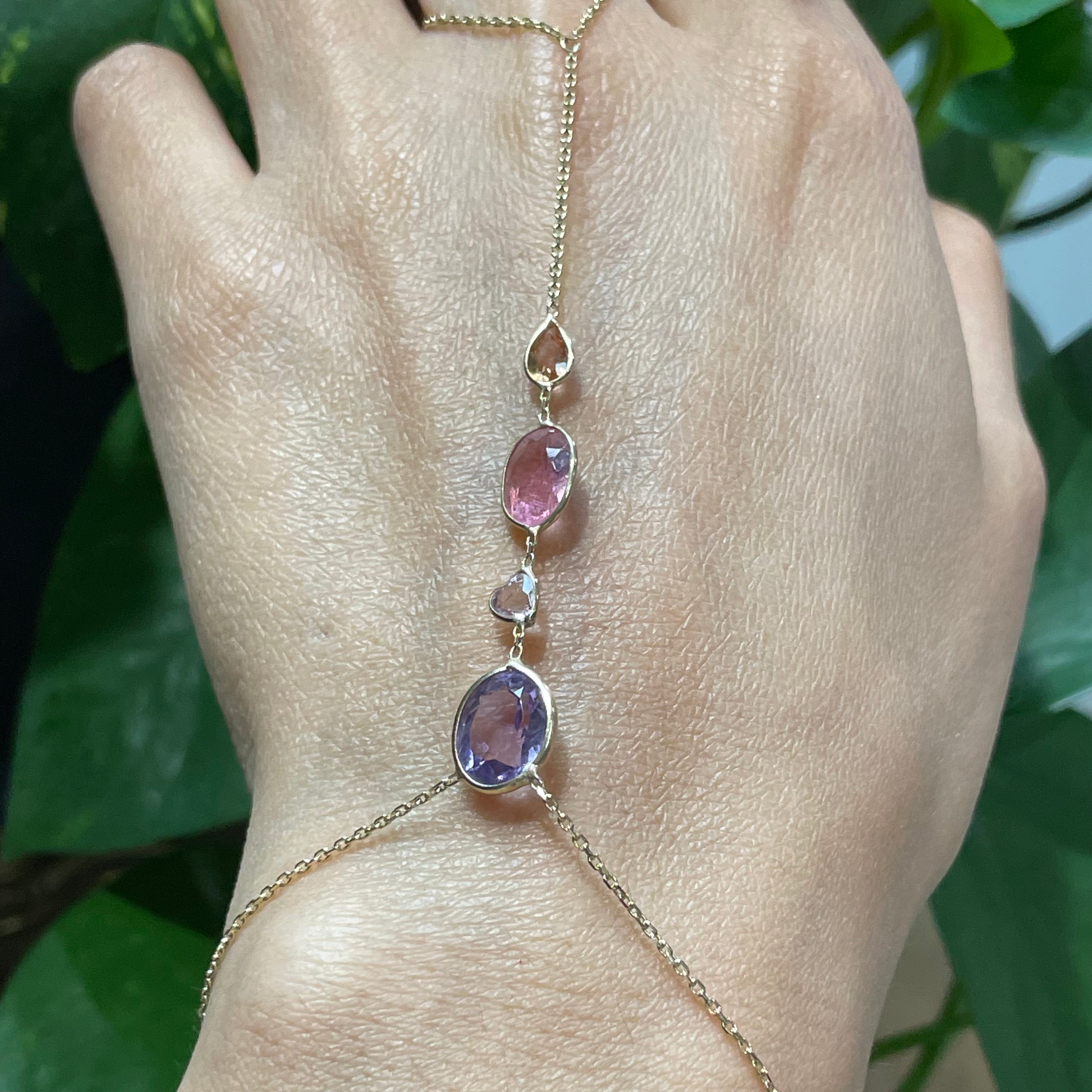 Tourmaline Sapphire, and Amethyst Handchain in solid 14k Yellow Gold