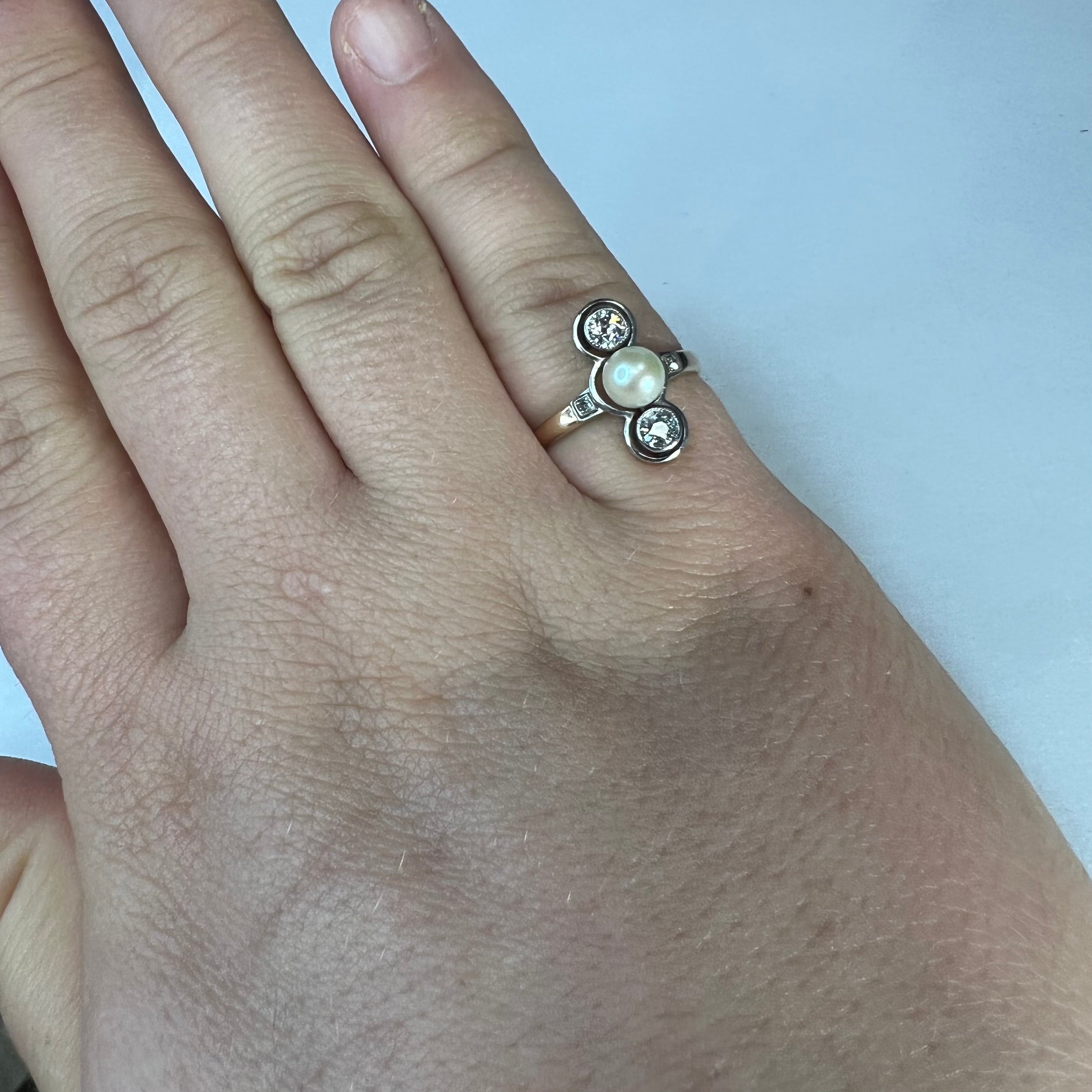 Antique 14K Yellow Gold .40ctw Diamond & Pearl Ring Size 5