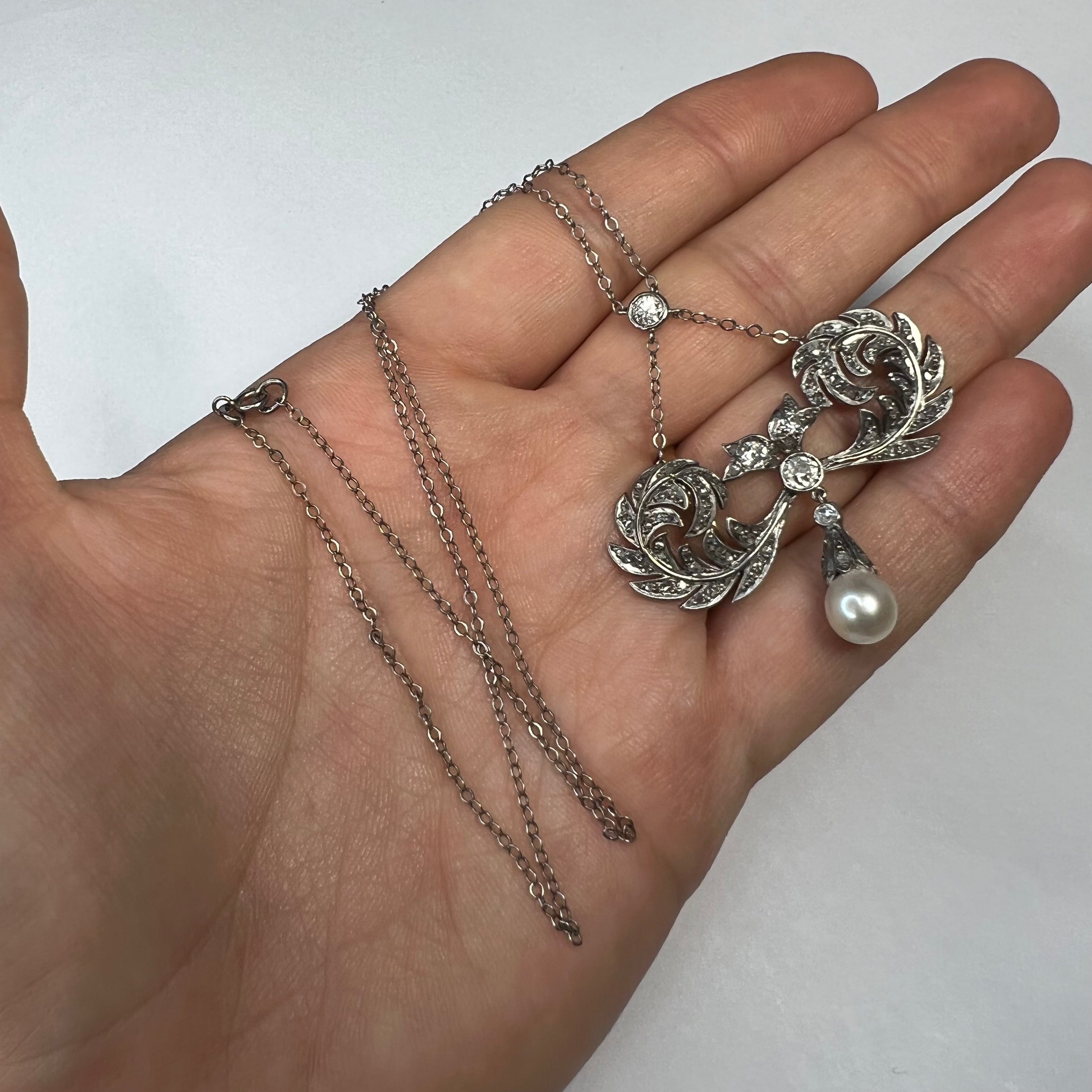 18K White Gold Edwardian Pearl & Old Mine Diamond Lariat Necklace 16"