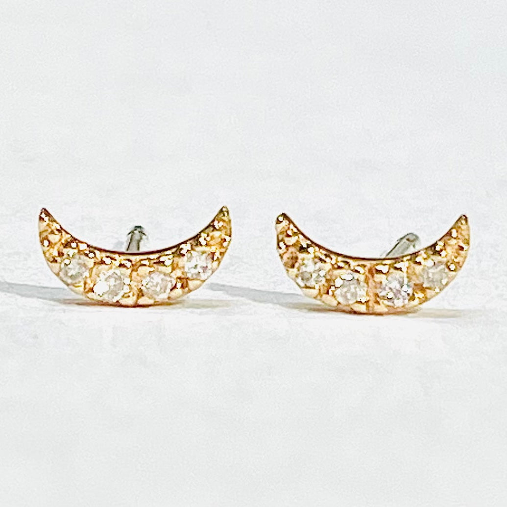 Glittering Diamond Celestial Crescent Moon Earrings 14K Yellow Gold 6x3mm