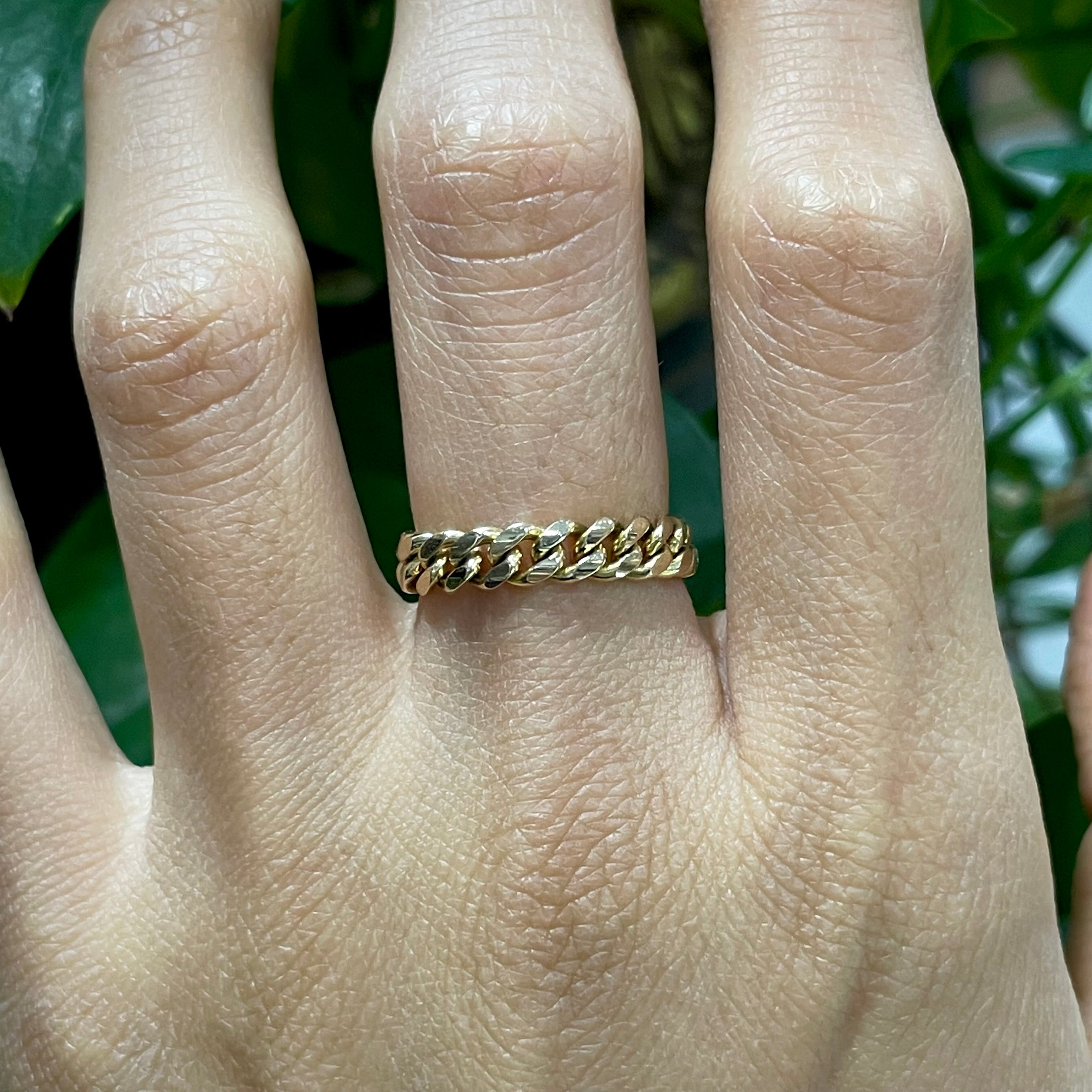 Solid 14K Yellow Gold Natural Cuban Chain Ring