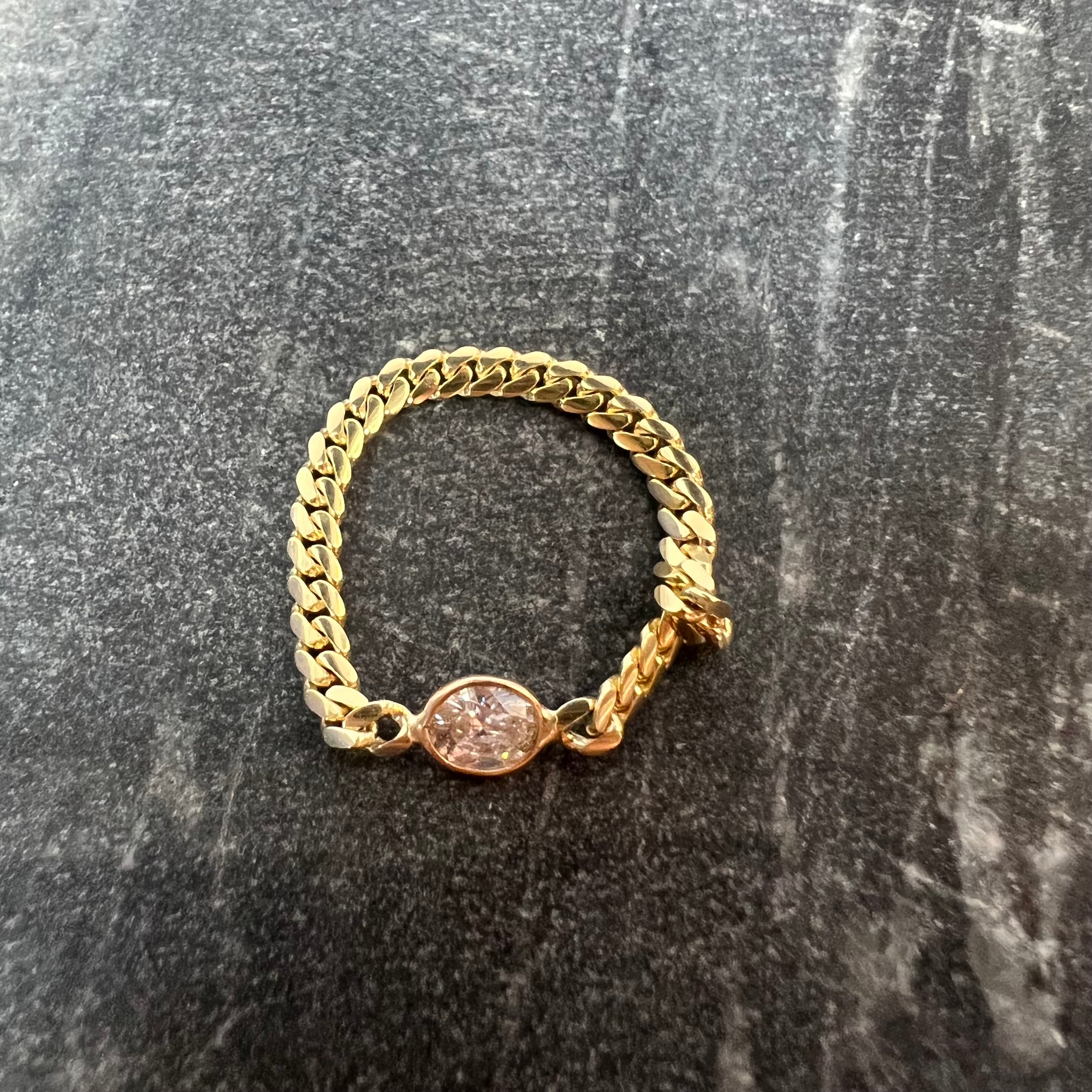 Solid 14K Yellow Gold Oval Diamond Cuban Chain Ring Size 8.5