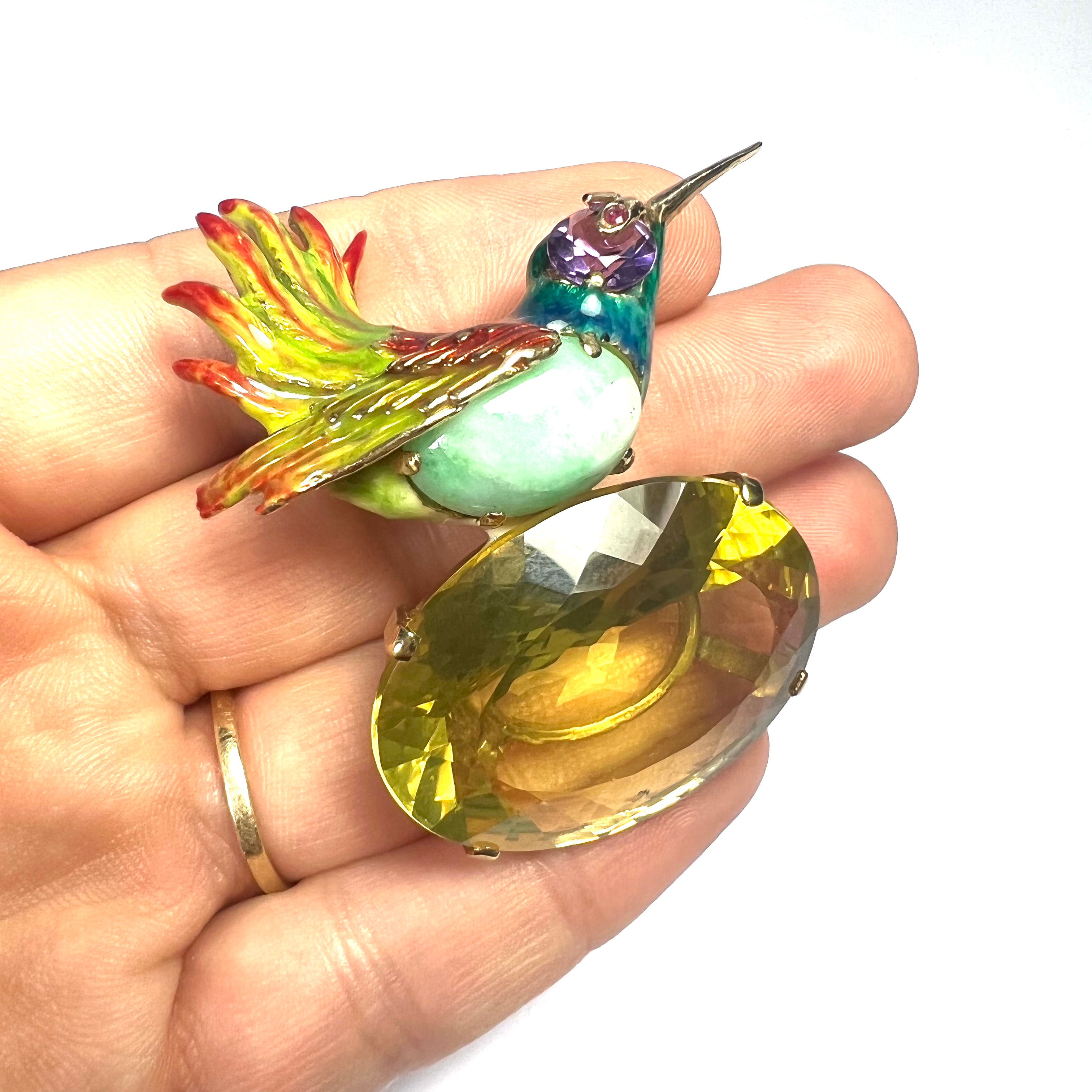 Unique 14K Yellow Gold Natural Stones And Enamel Humming Bird Brooch Pin 2"