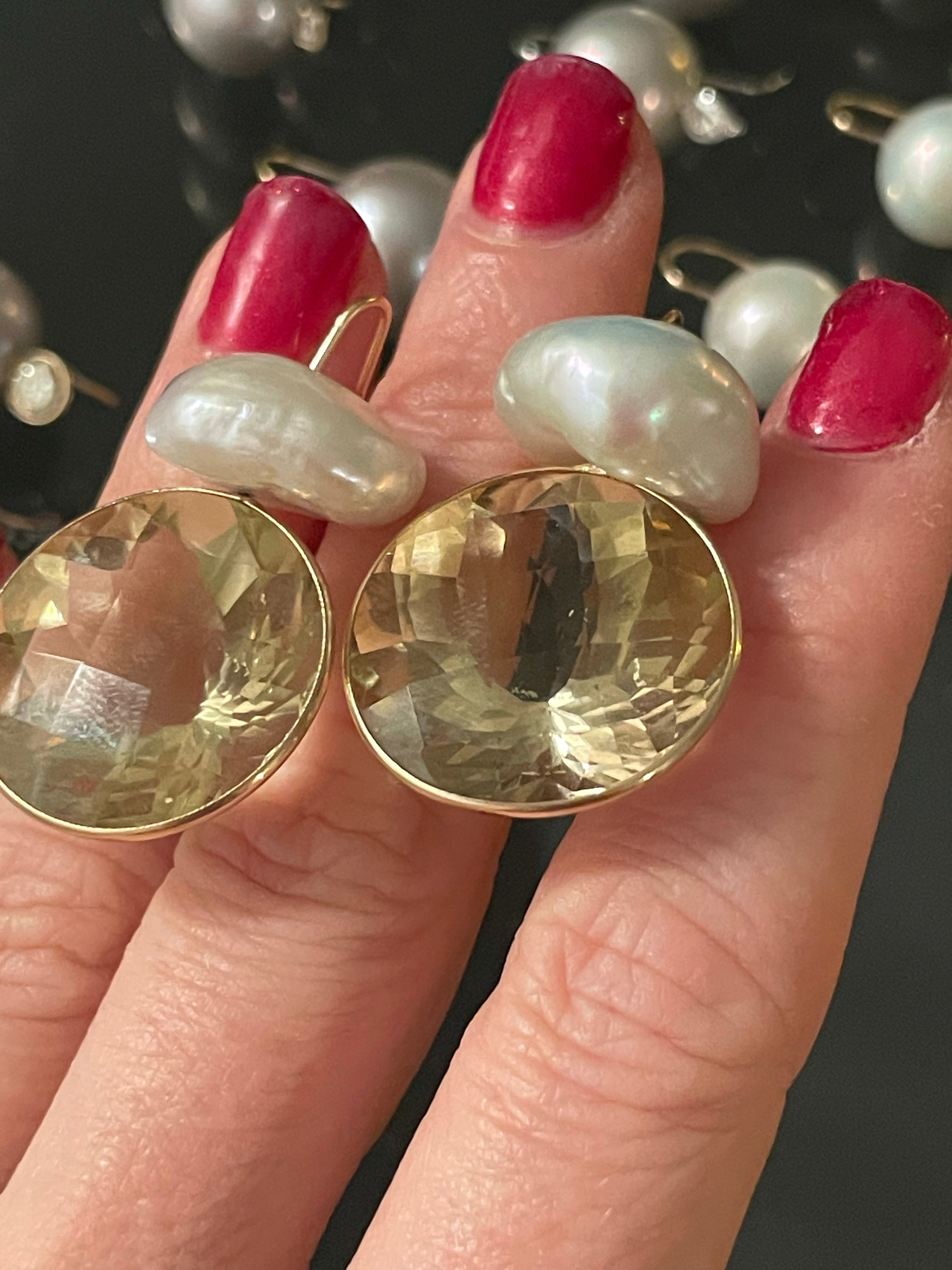 Unique Baroque Pearl and Lemon Quartz 14K Gold Earrings