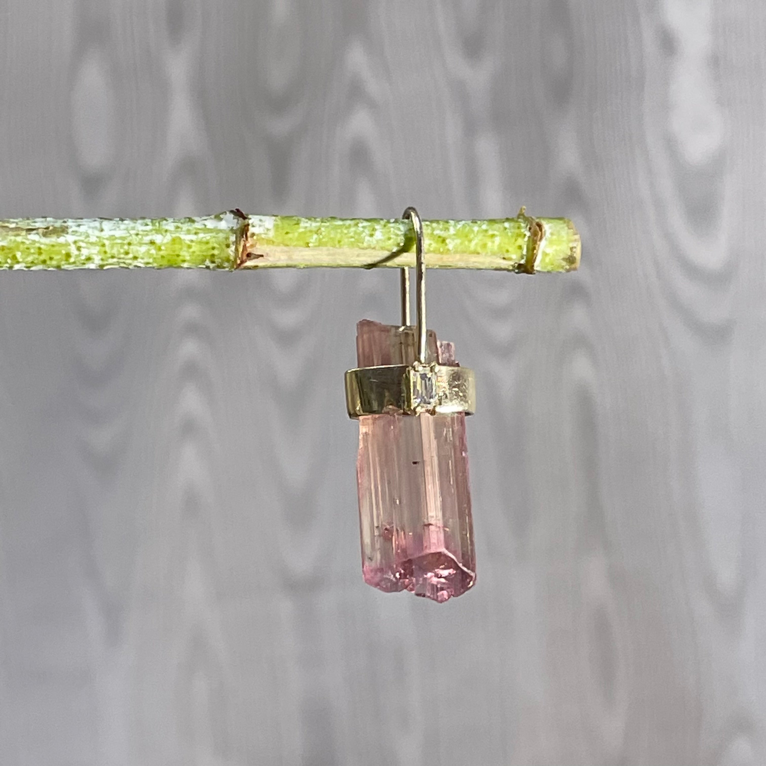 Rough Pink Tourmaline and Diamond 14K Yellow Gold Amulet