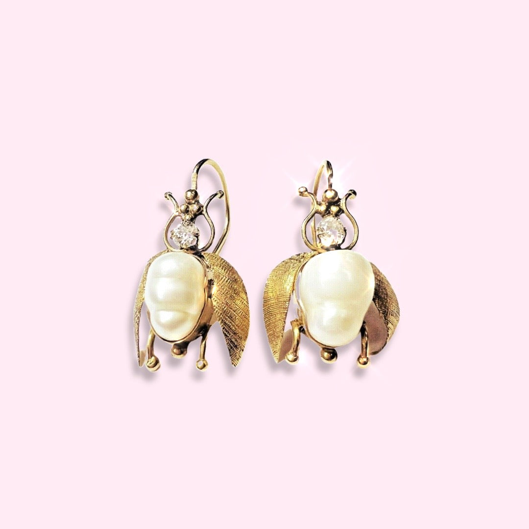 Old Mine Cut Diamond Fresh Water Pear BEE Fly Earring 1"