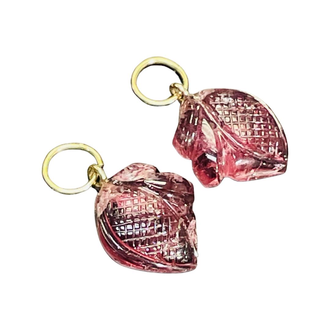14K Yellow Gold Carved Tourmaline Hoop Earring Charm Pair