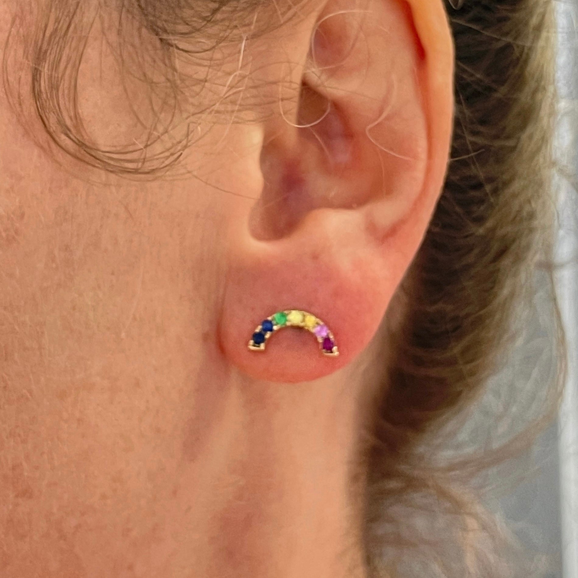 Natural Sapphire 14K Yellow Gold Rainbow Earrings Multi Stone 12x4mm