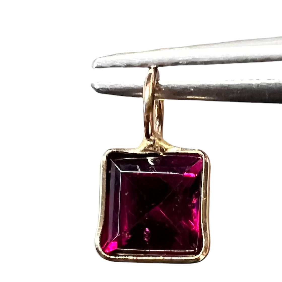 Natural Rhodolite Garnet Ascher Cut 14K Yellow Gold Pendant Charm 10x6mm