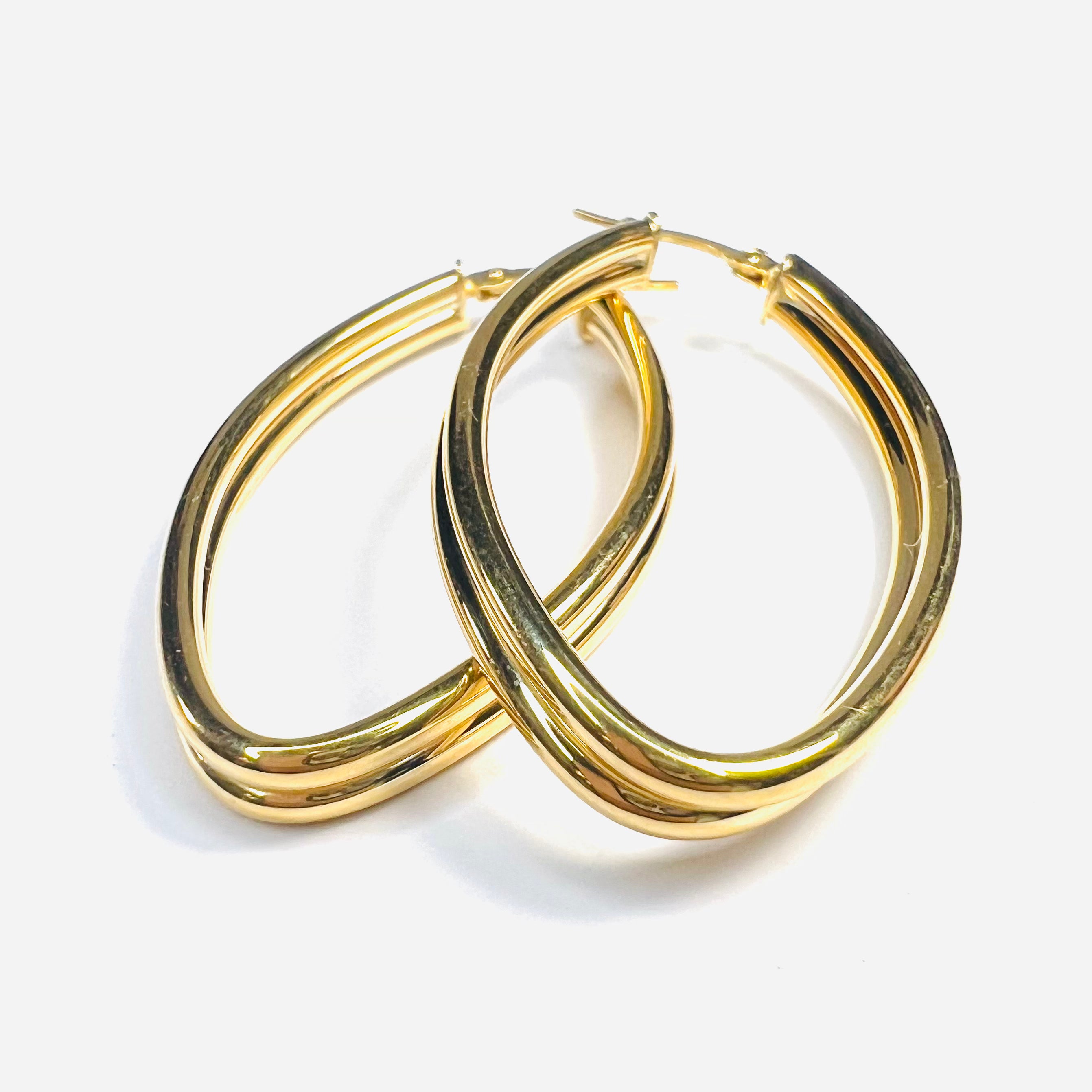 Beautiful New 14K Solid Yellow Gold Double Marquise Hoop Earrings 1.75"x.90"